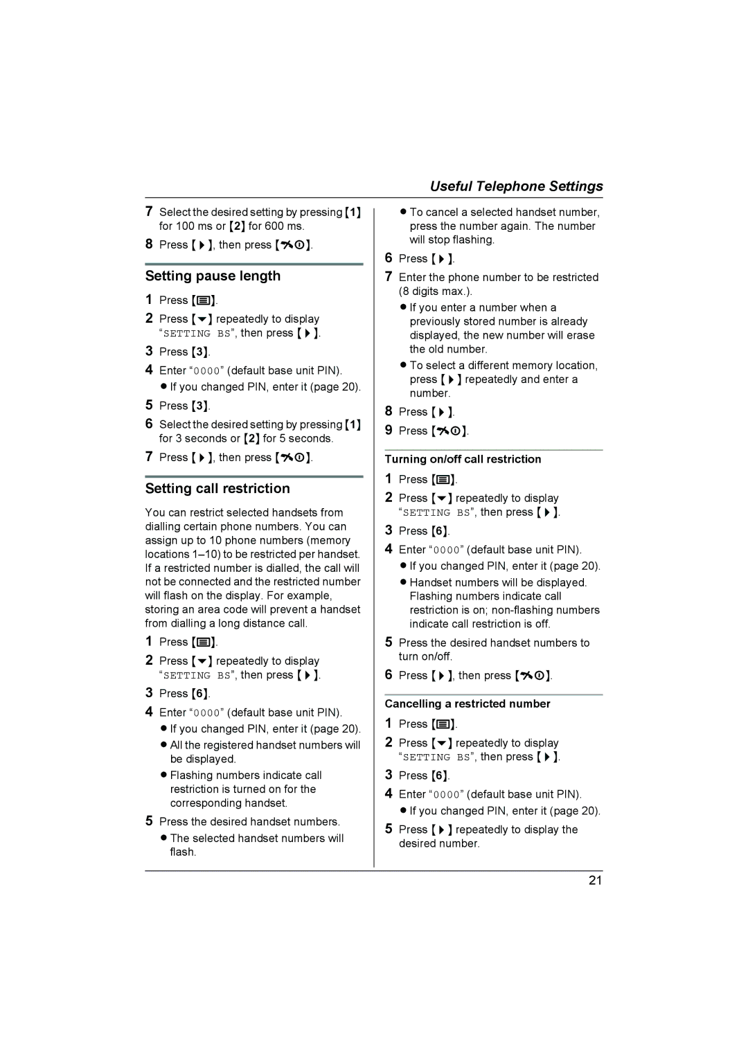 Panasonic KX-TCD430NZ Setting pause length, Setting call restriction, Turning on/off call restriction 