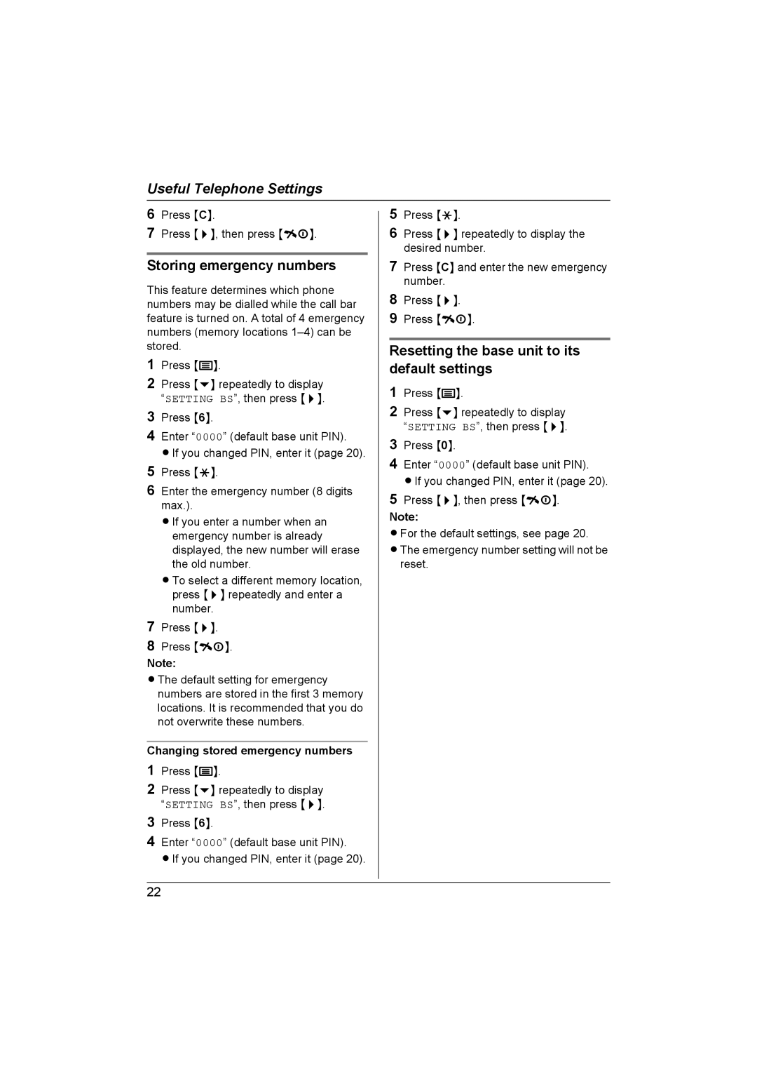 Panasonic KX-TCD430NZ operating instructions Storing emergency numbers, Resetting the base unit to its default settings 