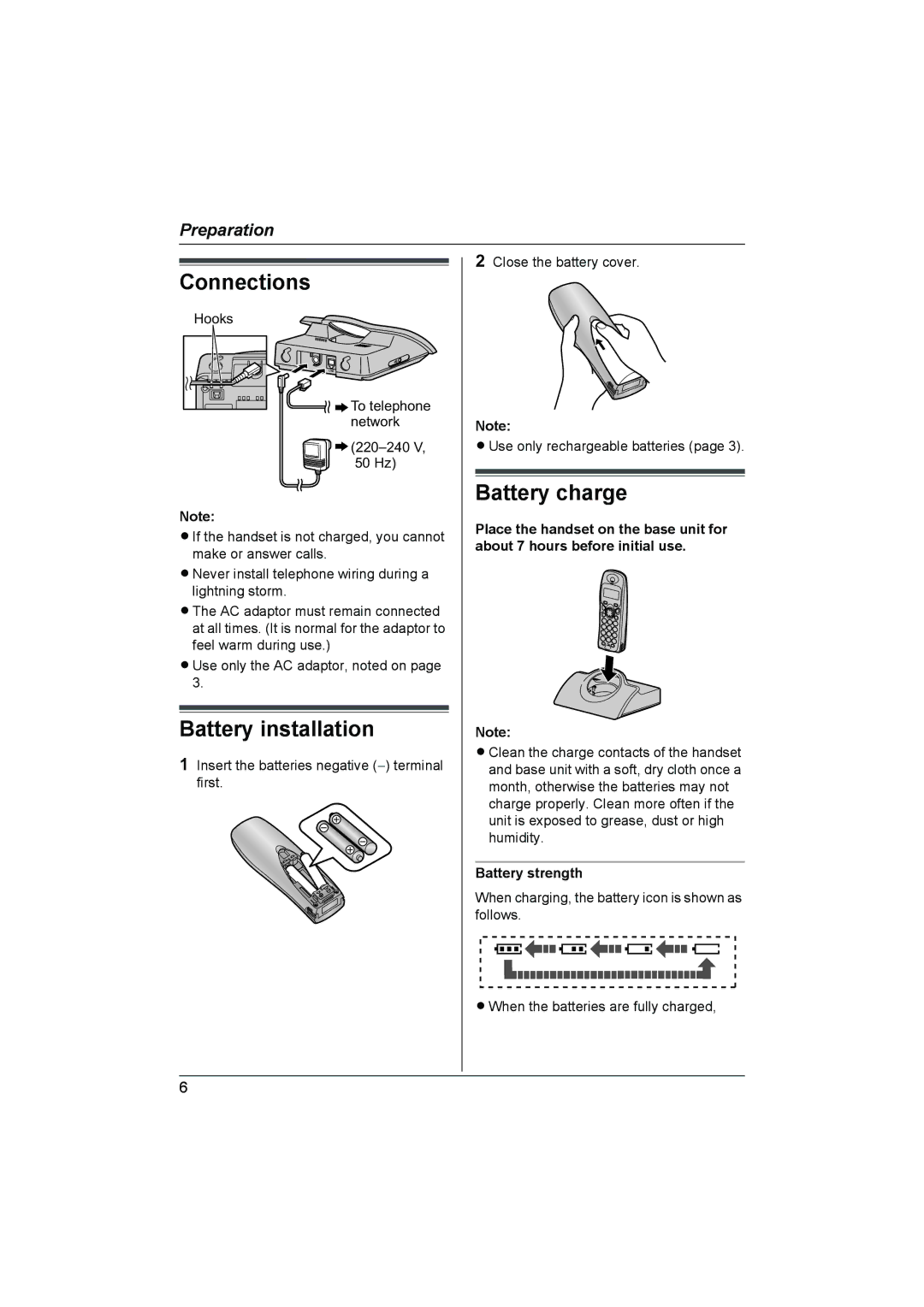 Panasonic KX-TCD430NZ operating instructions Connections, Battery installation, Battery charge, Battery strength 