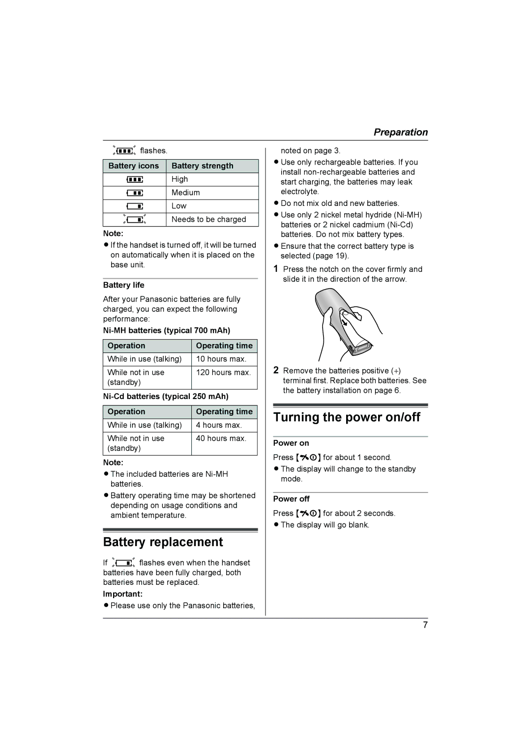 Panasonic KX-TCD430NZ operating instructions Battery replacement, Turning the power on/off 