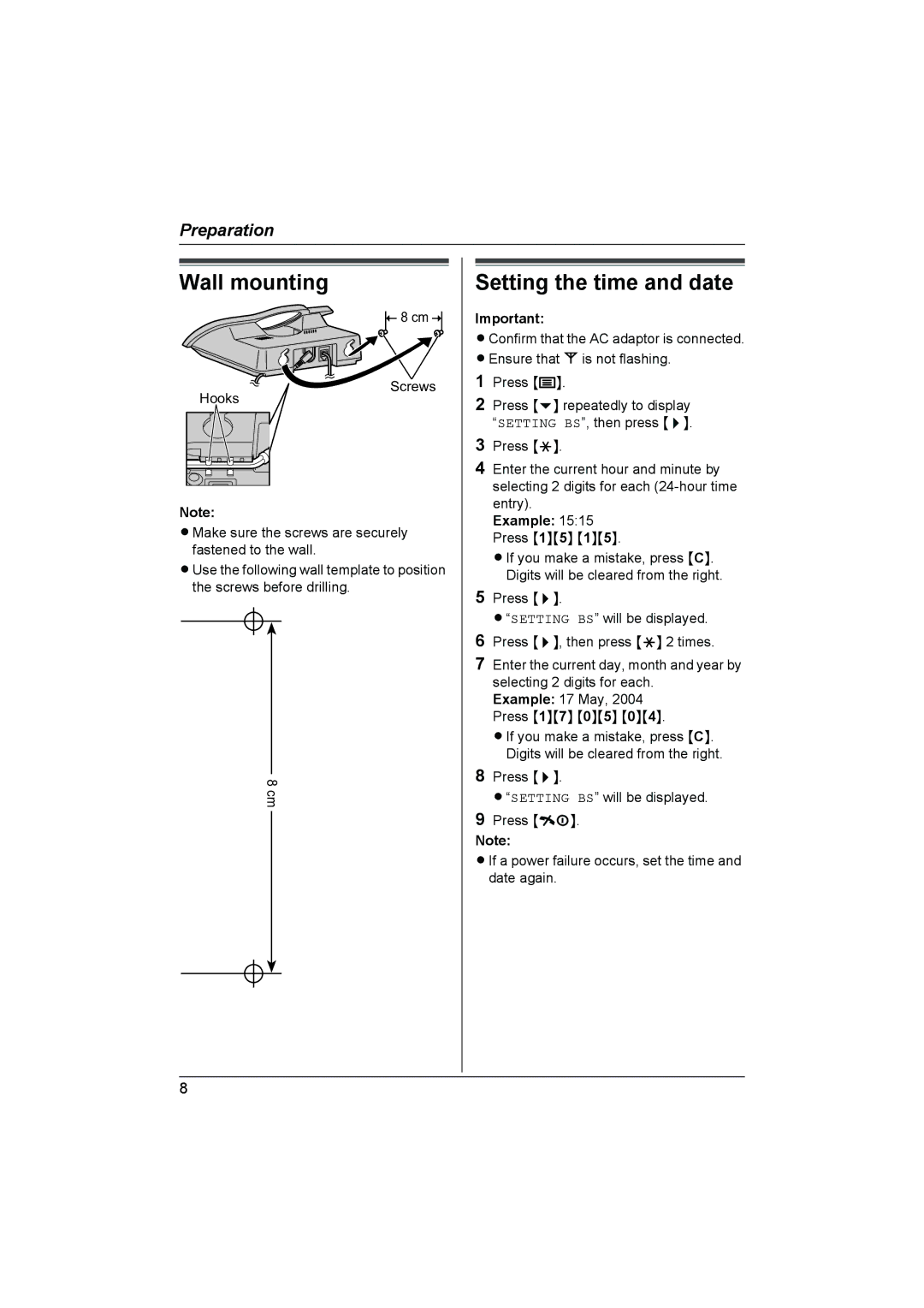 Panasonic KX-TCD430NZ operating instructions Wall mounting 