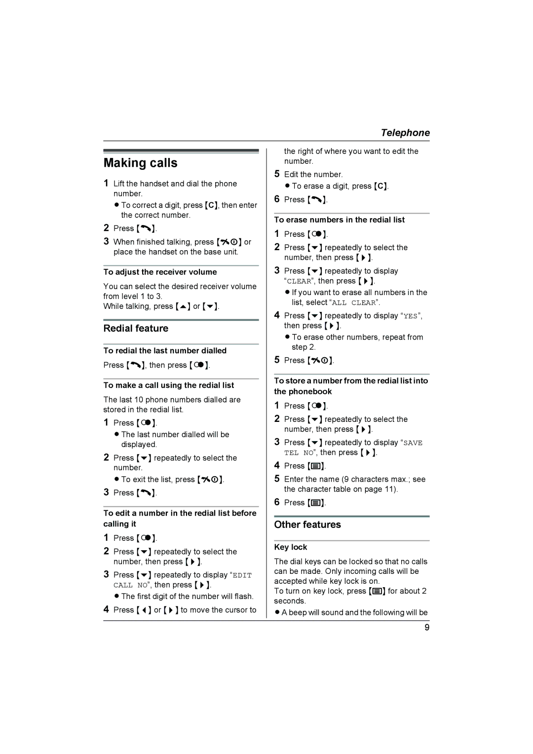 Panasonic KX-TCD430NZ Other features, To edit a number in the redial list before calling it, Key lock 