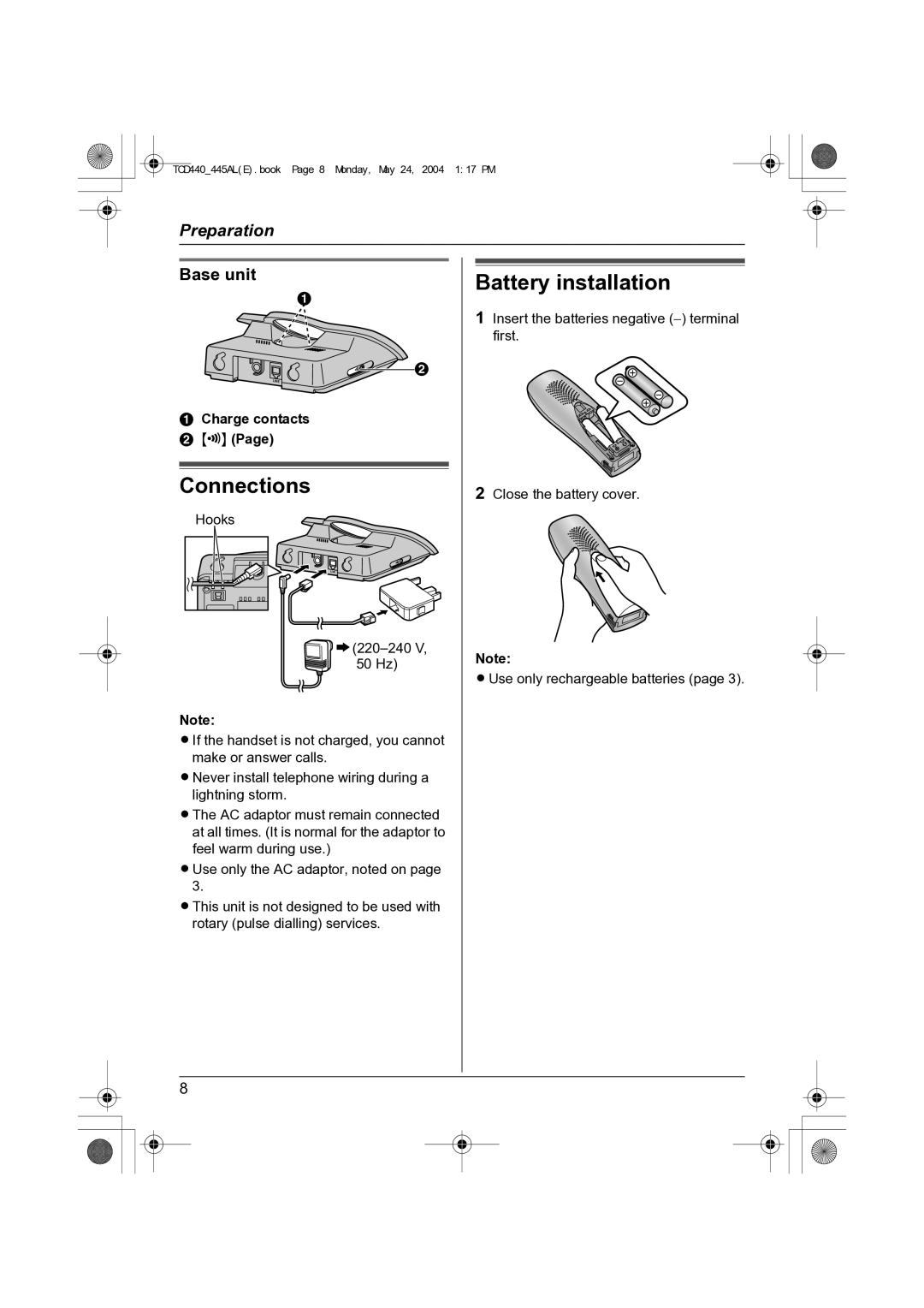 Panasonic KX-TCD440AL, KX-TCD445AL operating instructions Connections, Battery installation, Base unit, Charge contacts 