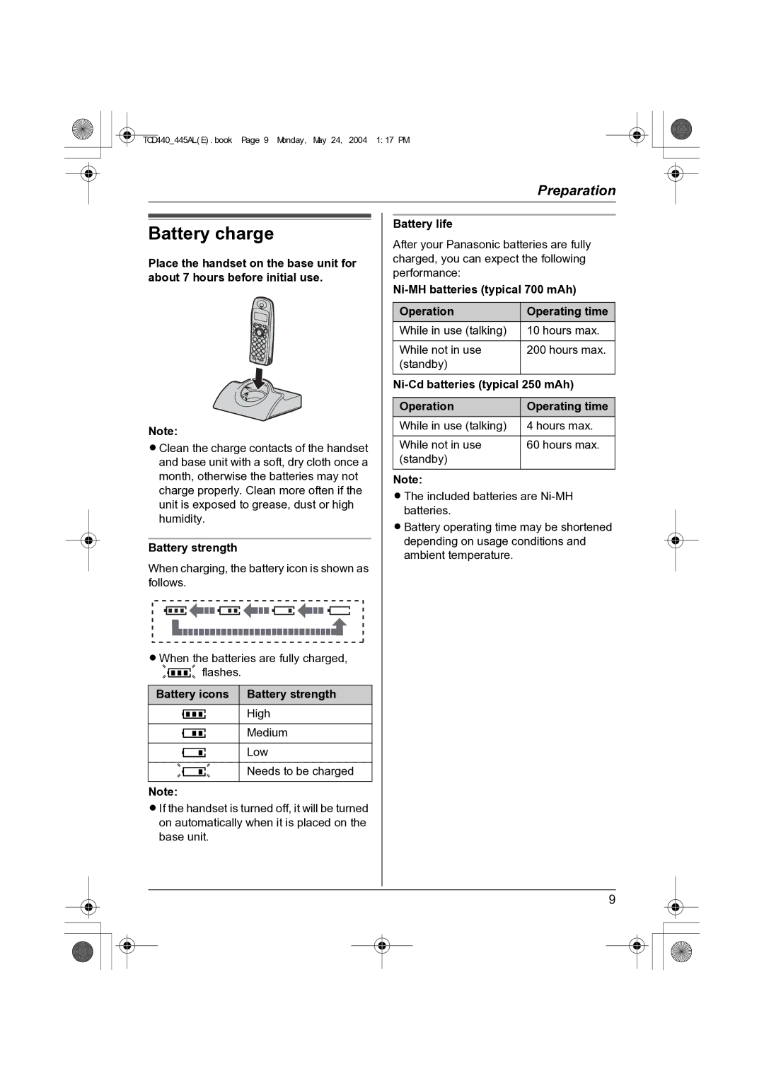 Panasonic KX-TCD445AL, KX-TCD440AL operating instructions Battery charge 