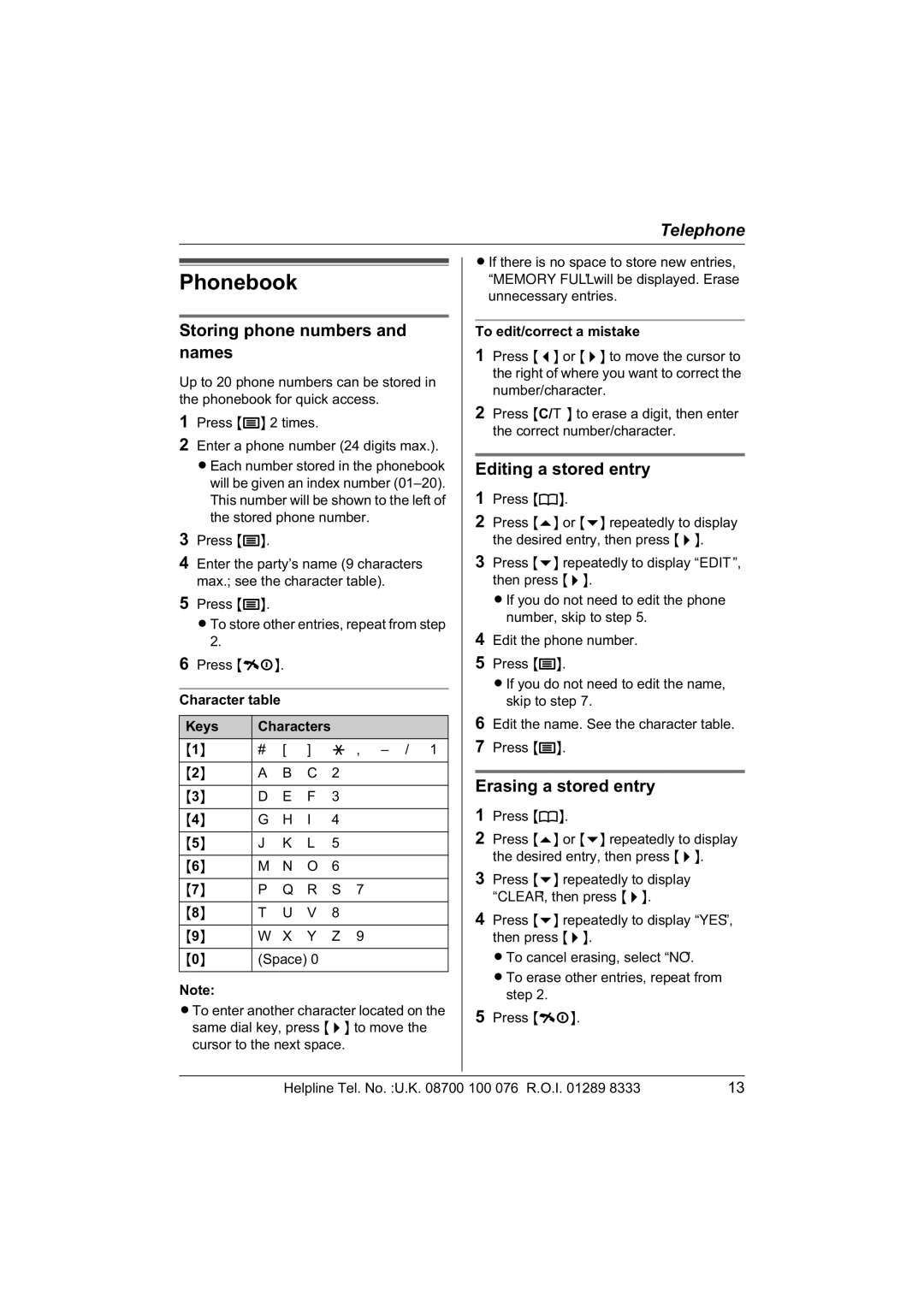 Panasonic KX-TCD445E Phonebook, Storing phone numbers and names, Editing a stored entry, Erasing a stored entry 