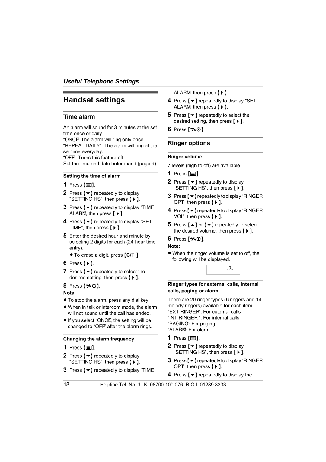 Panasonic KX-TCD440E, KX-TCD445E operating instructions Handset settings, Time alarm, Ringer options 