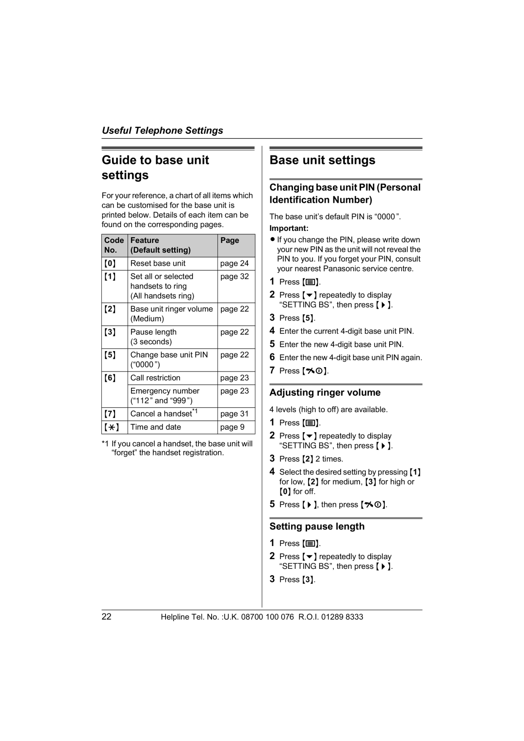 Panasonic KX-TCD440E Guide to base unit settings, Base unit settings, Adjusting ringer volume, Setting pause length 