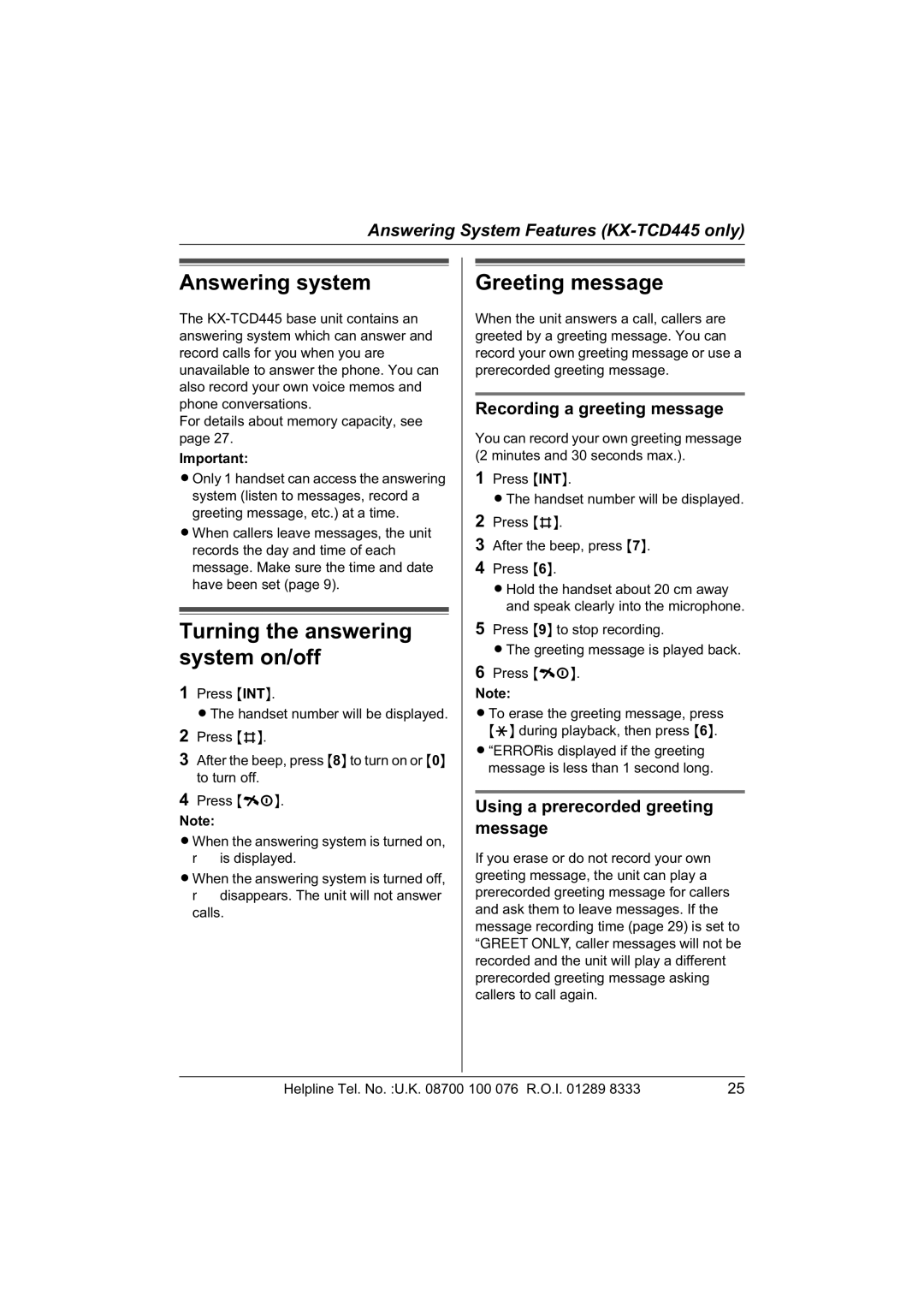 Panasonic KX-TCD445E, KX-TCD440E operating instructions Answering system, Greeting message, Recording a greeting message 