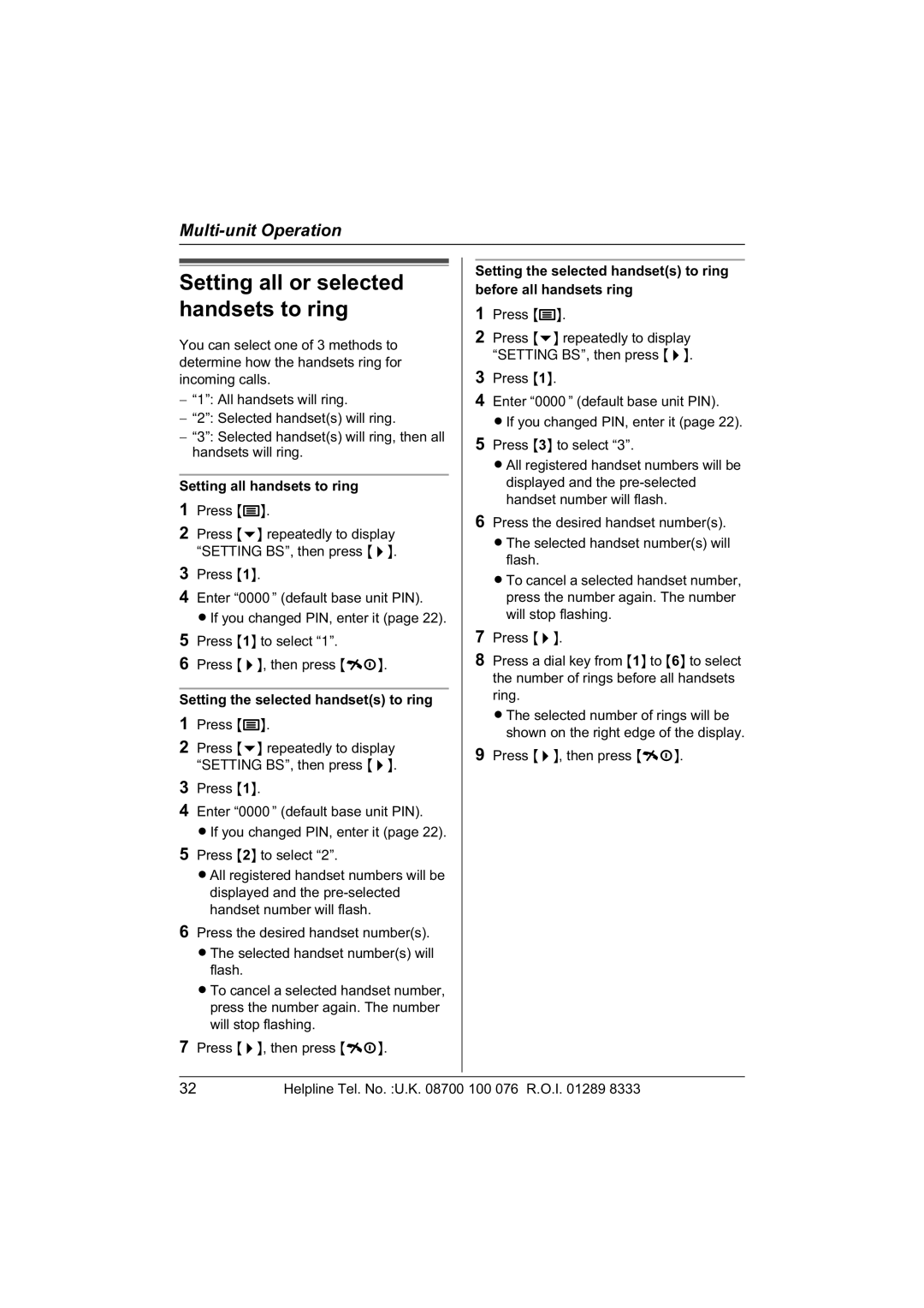 Panasonic KX-TCD440E, KX-TCD445E operating instructions Setting all handsets to ring, Setting the selected handsets to ring 