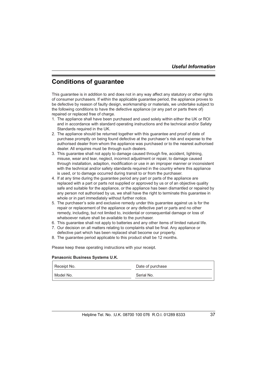 Panasonic KX-TCD445E, KX-TCD440E operating instructions Conditions of guarantee 