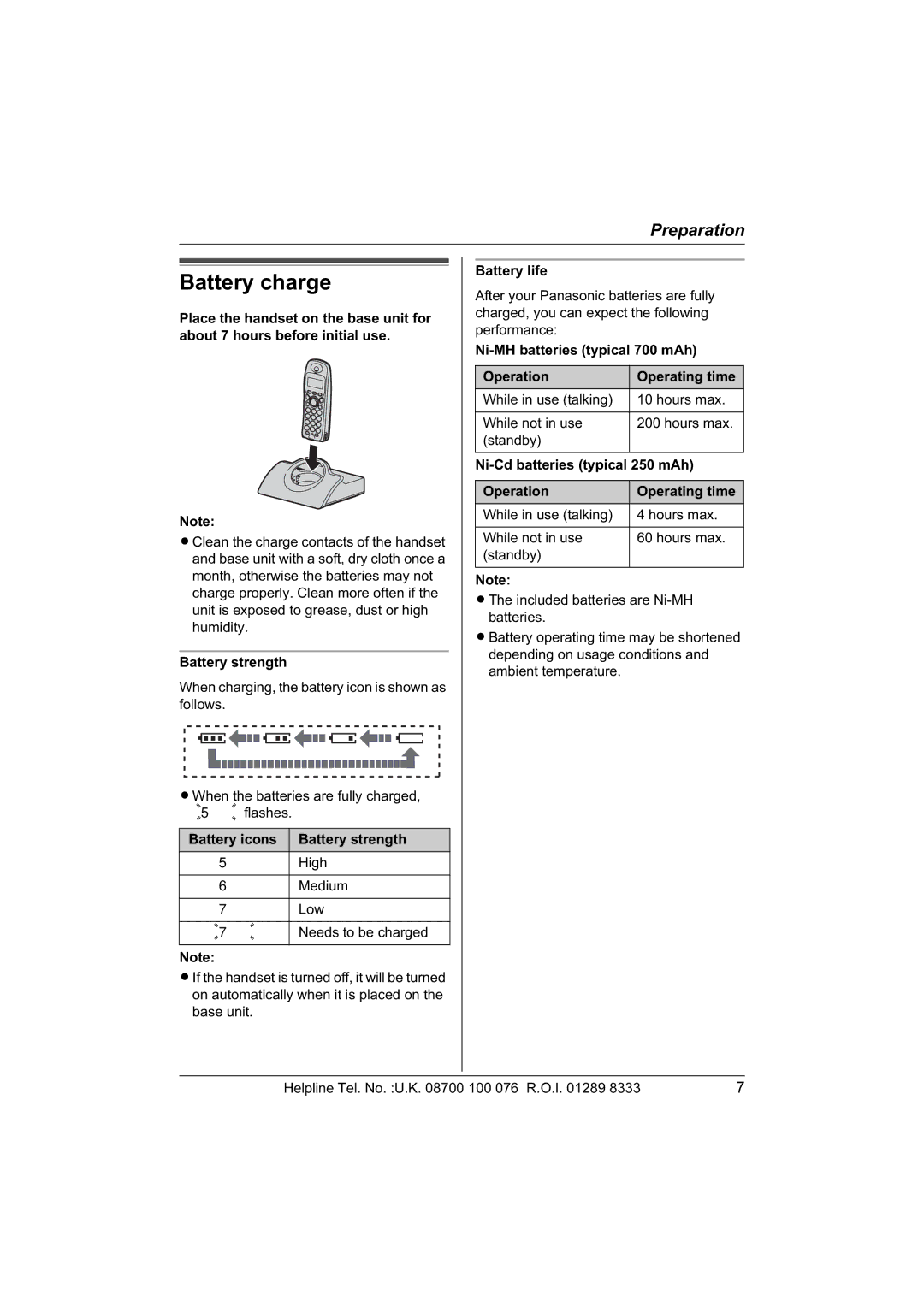 Panasonic KX-TCD445E, KX-TCD440E operating instructions Battery charge 