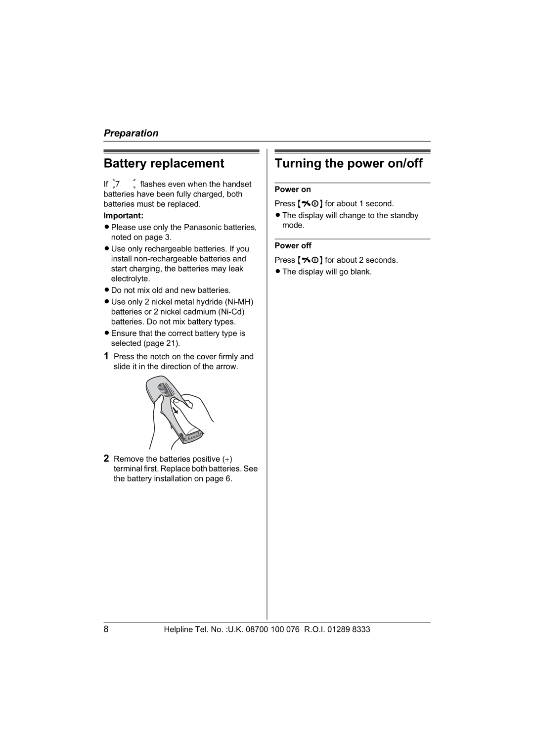 Panasonic KX-TCD440E, KX-TCD445E operating instructions Battery replacement, Turning the power on/off, Power on, Power off 