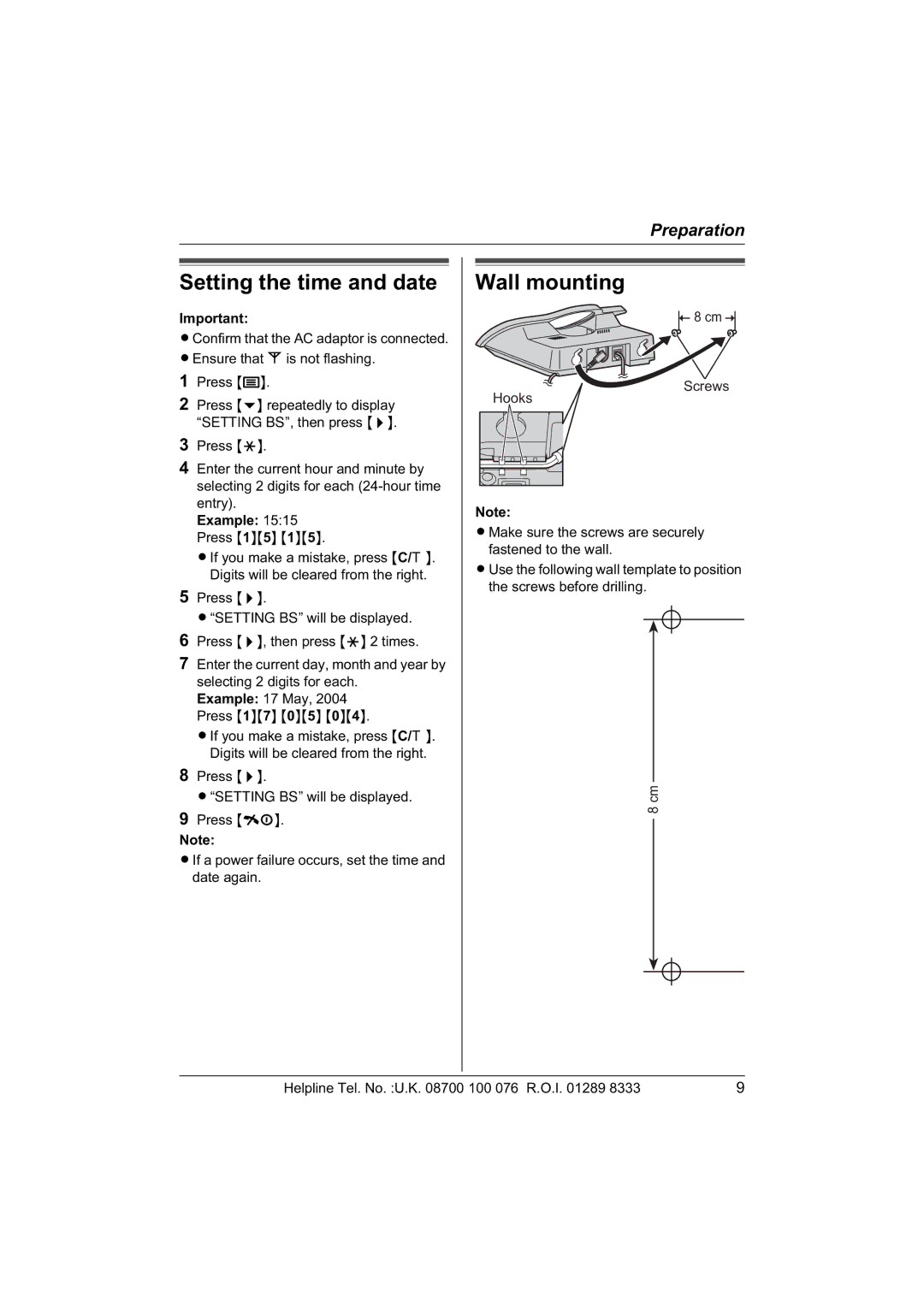 Panasonic KX-TCD445E, KX-TCD440E operating instructions Setting the time and date, Wall mounting, Example 1515 Press 15 