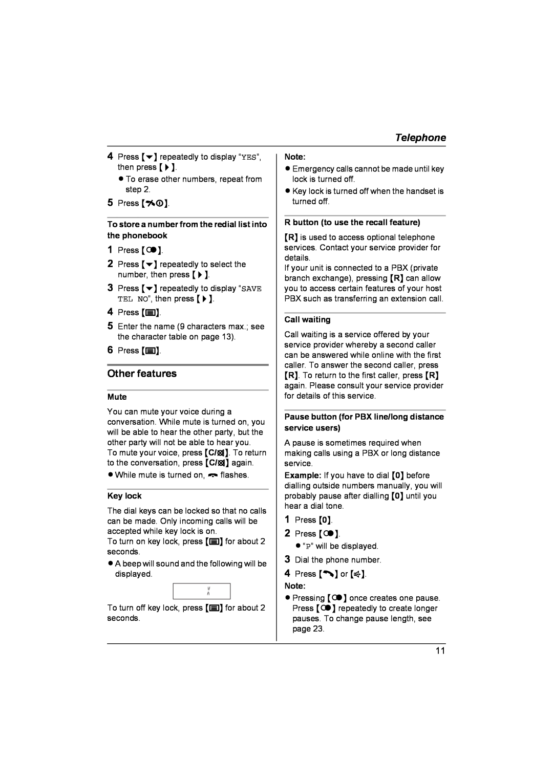 Panasonic KX-TCD440NZ Other features, To store a number from the redial list into the phonebook, Mute, Key lock, Telephone 