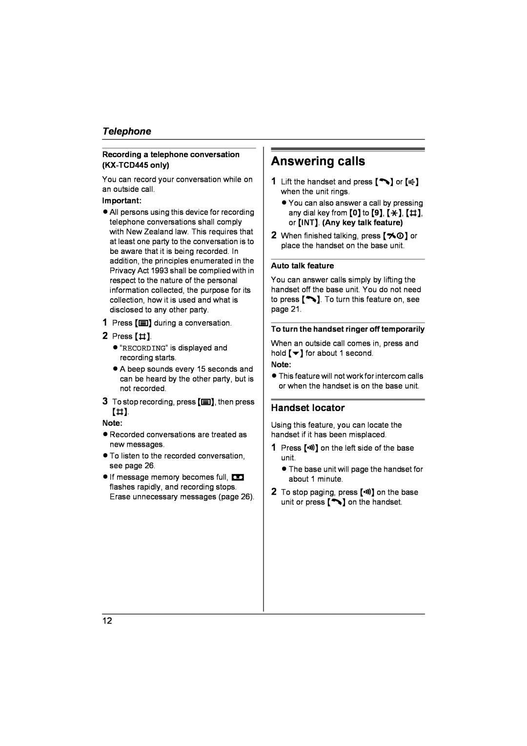 Panasonic KX-TCD440NZ Answering calls, Handset locator, Recording a telephone conversation KX-TCD445 only, Telephone 