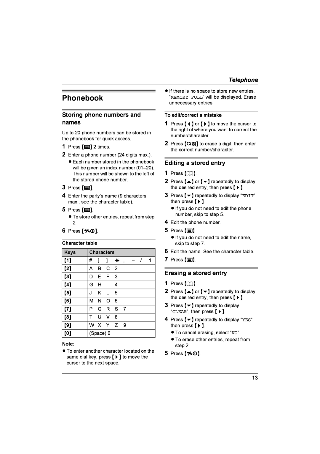 Panasonic KX-TCD440NZ Editing a stored entry, Erasing a stored entry, Keys, To edit/correct a mistake, Telephone 