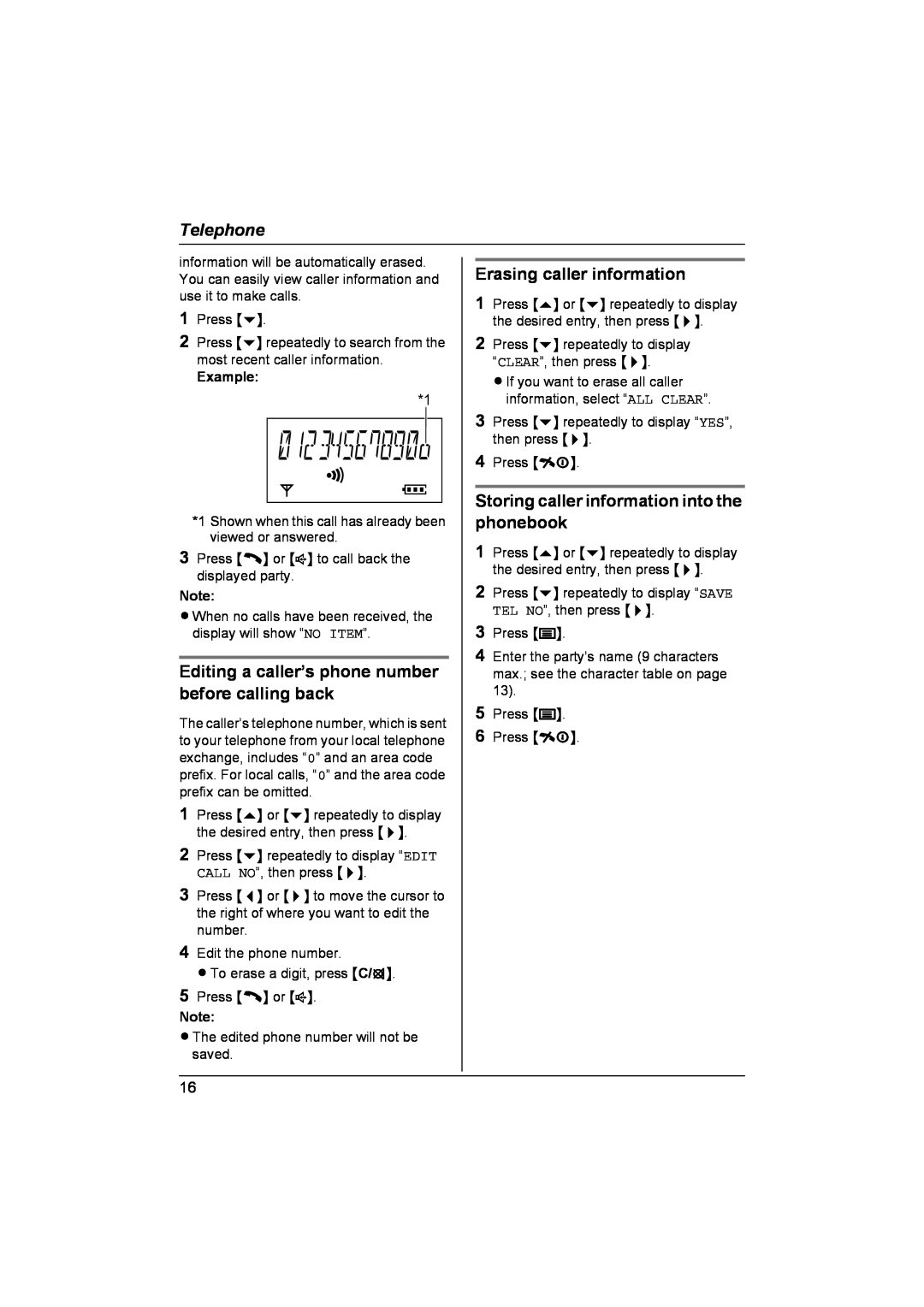 Panasonic KX-TCD440NZ Editing a caller’s phone number before calling back, Erasing caller information, Example, Telephone 