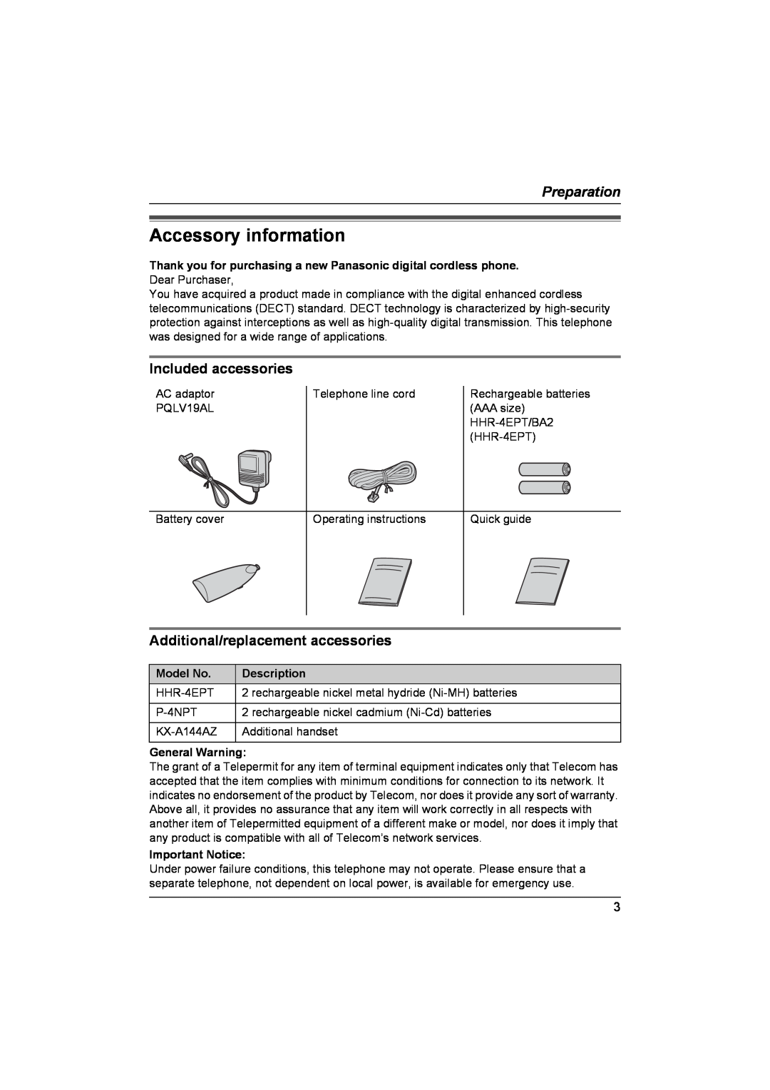 Panasonic KX-TCD440NZ Accessory information, Preparation, Included accessories, Additional/replacement accessories 