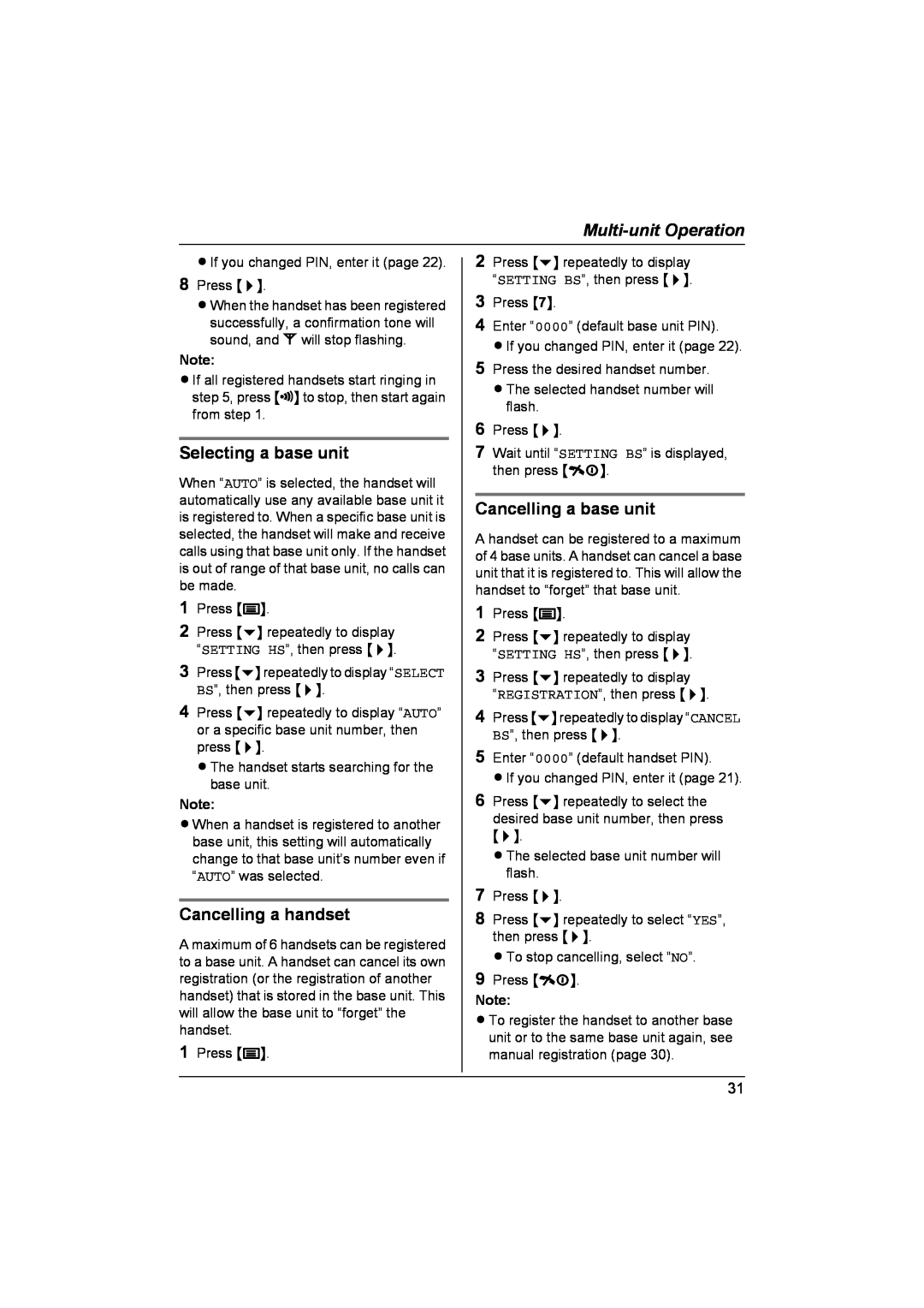 Panasonic KX-TCD440NZ Selecting a base unit, Cancelling a handset, Cancelling a base unit, Multi-unit Operation 