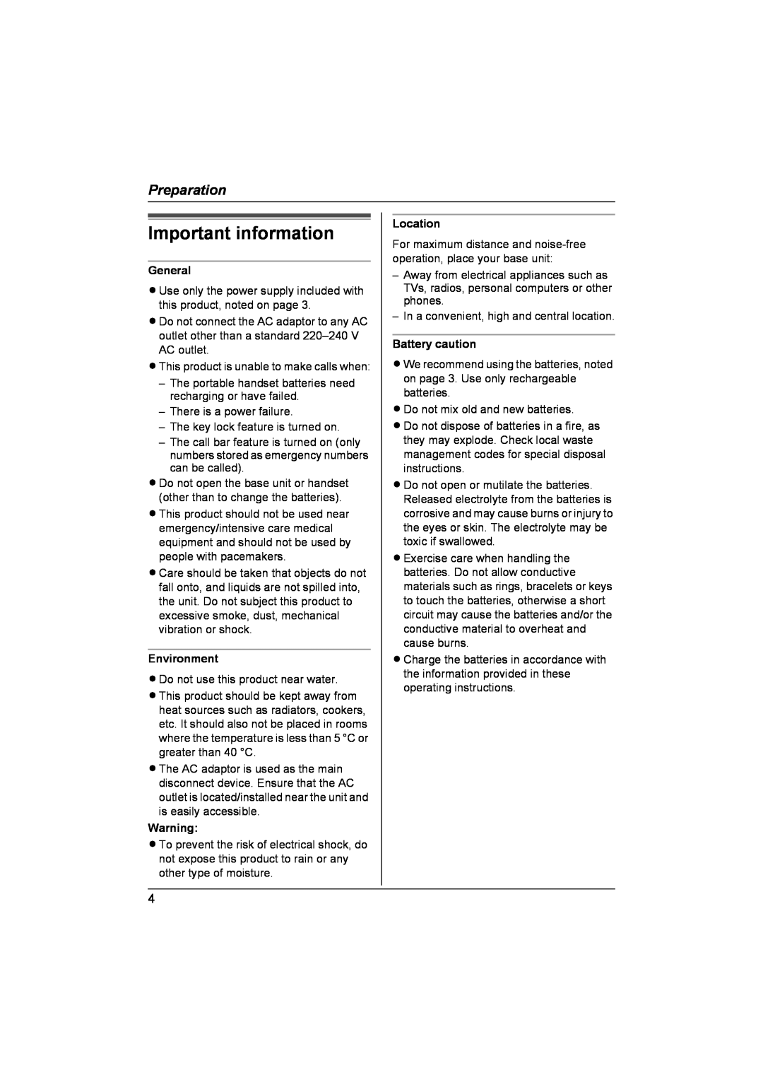 Panasonic KX-TCD440NZ Important information, General, Environment, Location, Battery caution, Preparation 