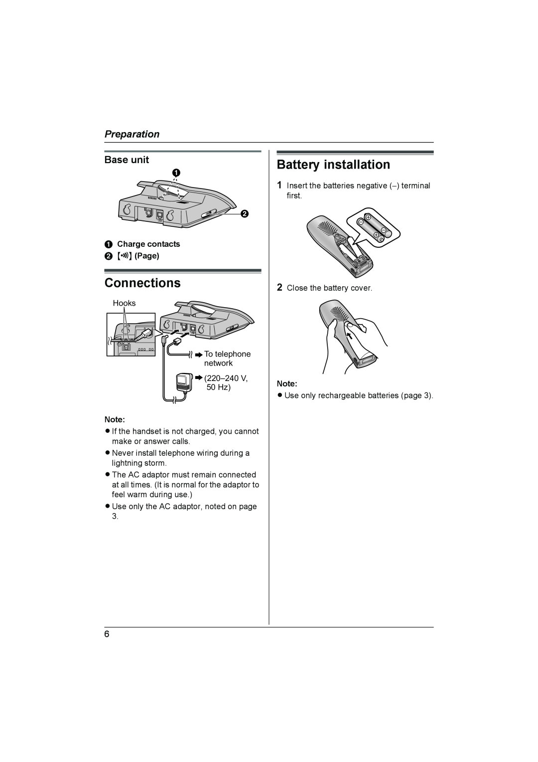 Panasonic KX-TCD440NZ Connections, Battery installation, Base unit, A Charge contacts B x Page, Preparation 