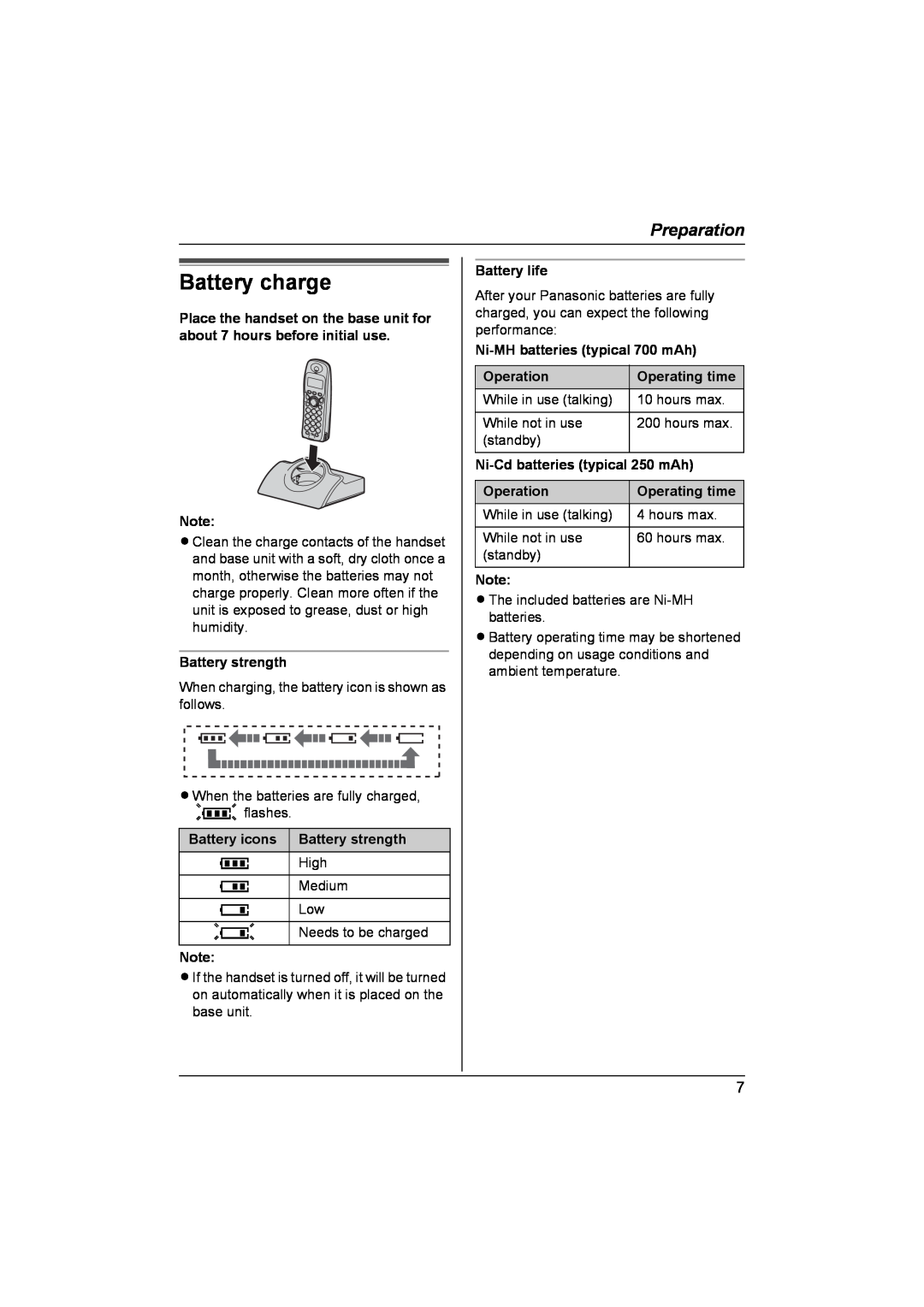 Panasonic KX-TCD440NZ Battery charge, Battery strength, Battery icons, Battery life, Ni-MH batteries typical 700 mAh 