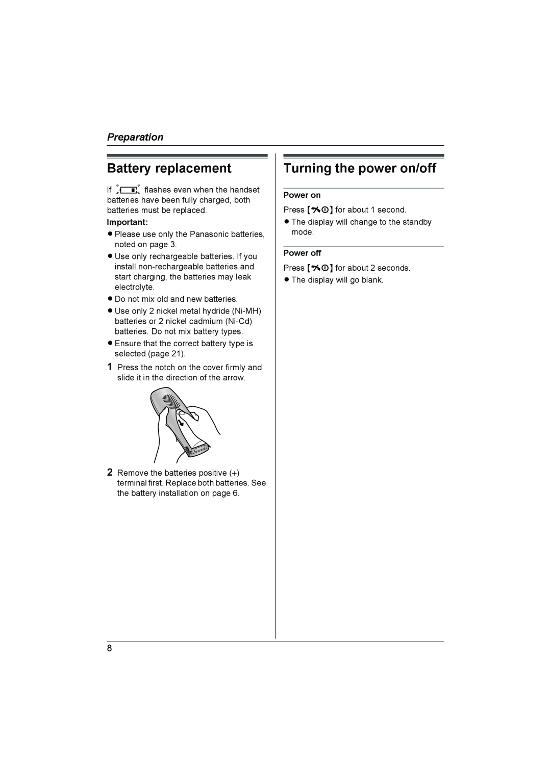 Panasonic KX-TCD440NZ Battery replacement, Turning the power on/off, Power on, Power off, Preparation 