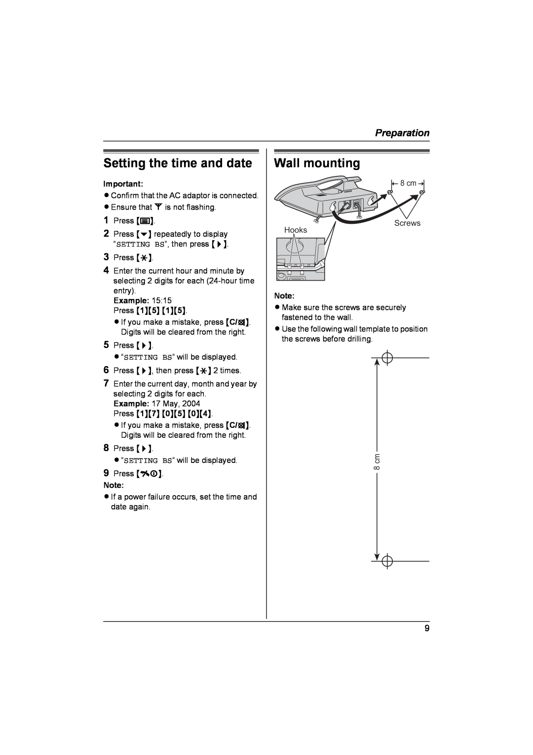 Panasonic KX-TCD440NZ operating instructions Wall mounting, Preparation, cm Screws Hooks 
