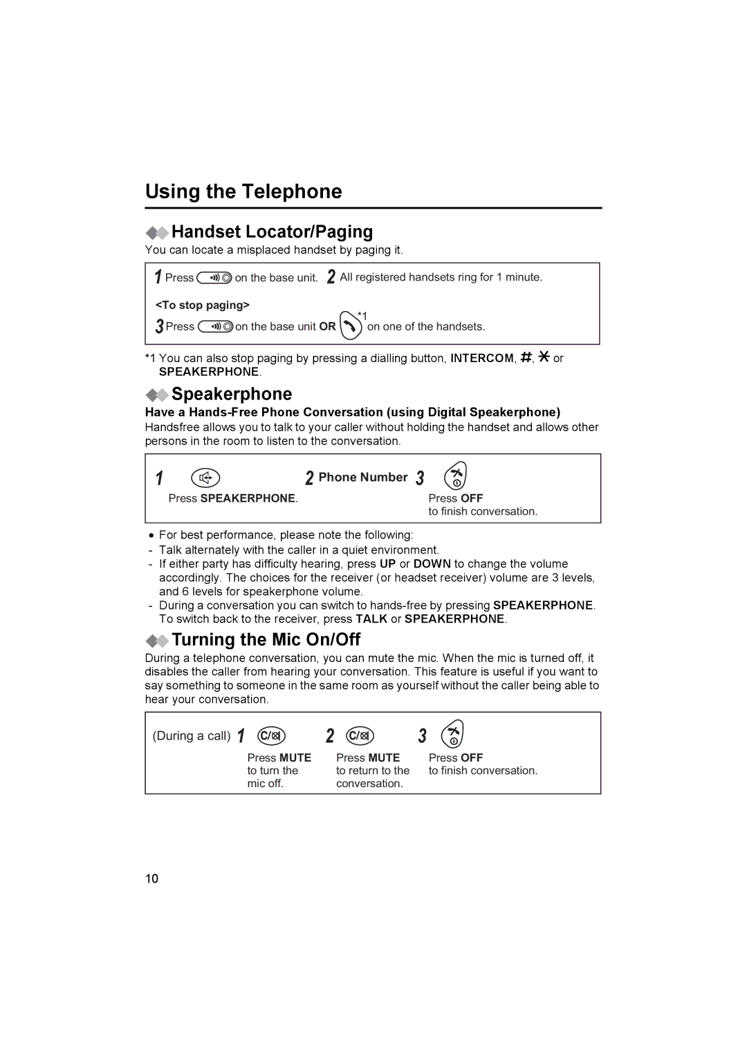 Panasonic KX-TCD450NZ operating instructions Handset Locator/Paging, Speakerphone, Turning the Mic On/Off, Phone Number 