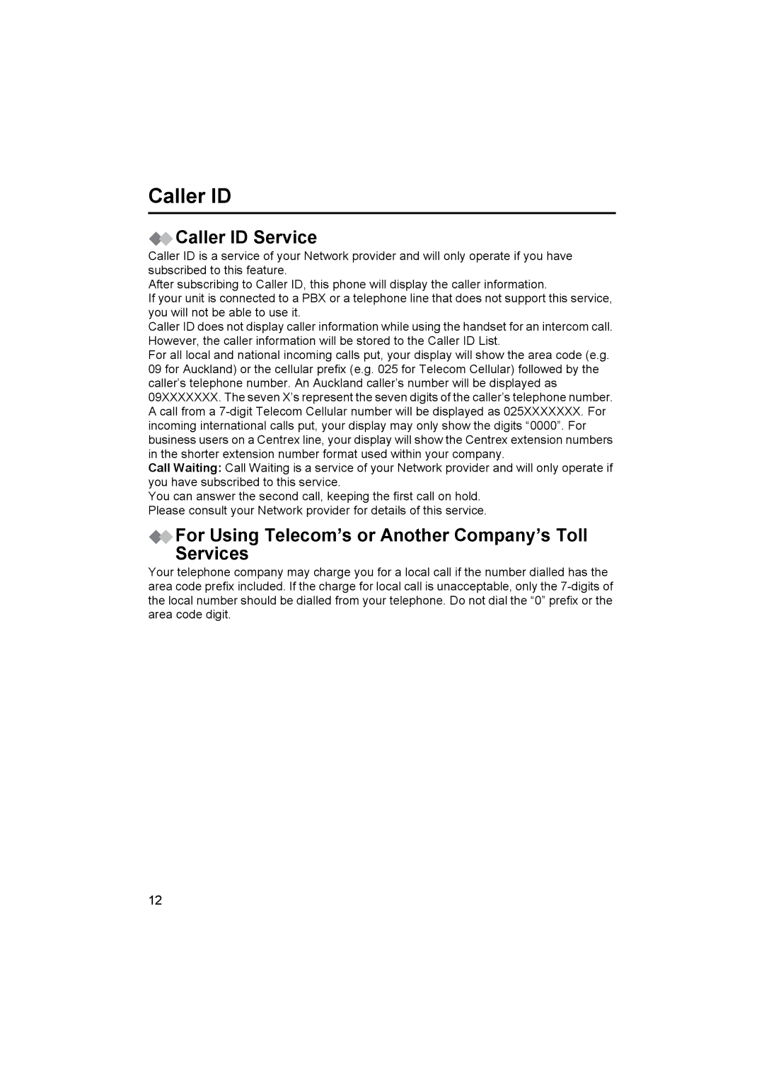 Panasonic KX-TCD450NZ operating instructions Caller ID Service, For Using Telecom’s or Another Company’s Toll Services 