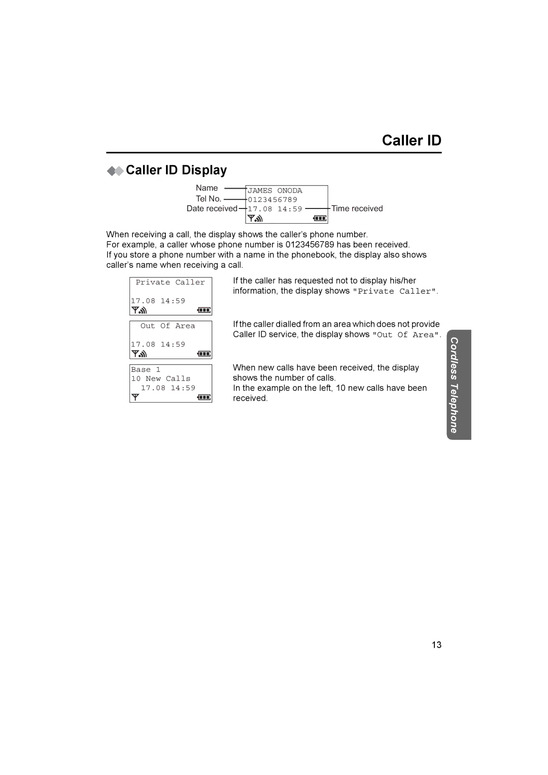 Panasonic KX-TCD450NZ operating instructions Caller ID Display, Private Caller 17.08 Out Of Area Base New Calls 