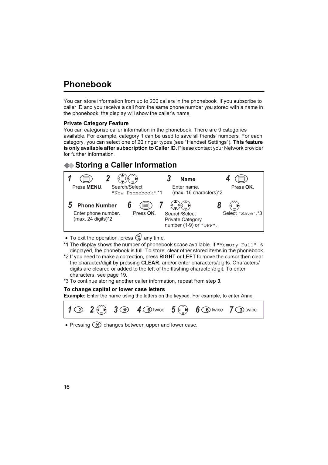 Panasonic KX-TCD450NZ operating instructions Phonebook, Storing a Caller Information, Private Category Feature, Name 