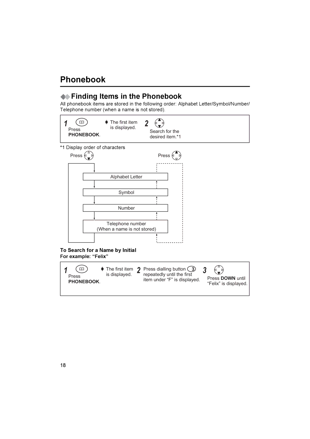 Panasonic KX-TCD450NZ Finding Items in the Phonebook, To Search for a Name by Initial For example Felix 