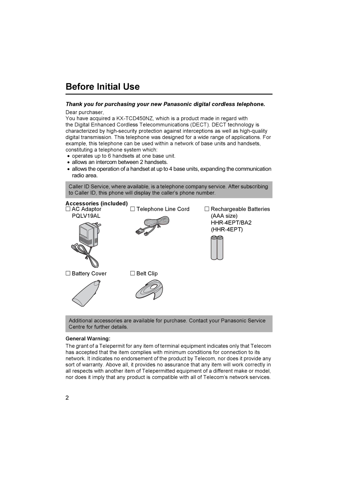 Panasonic KX-TCD450NZ operating instructions Before Initial Use, Accessories included, General Warning 