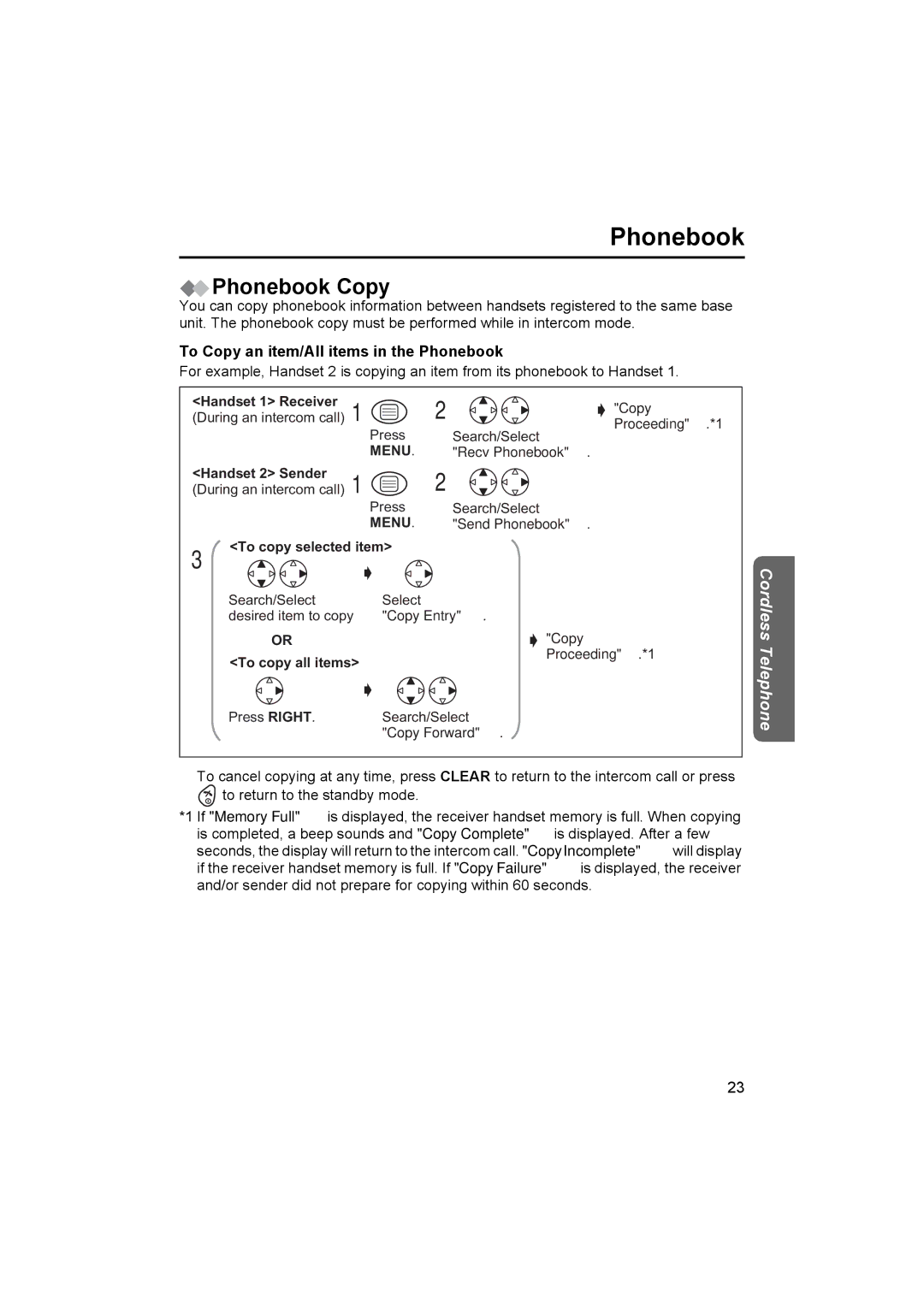 Panasonic KX-TCD450NZ operating instructions Phonebook Copy, To Copy an item/All items in the Phonebook 