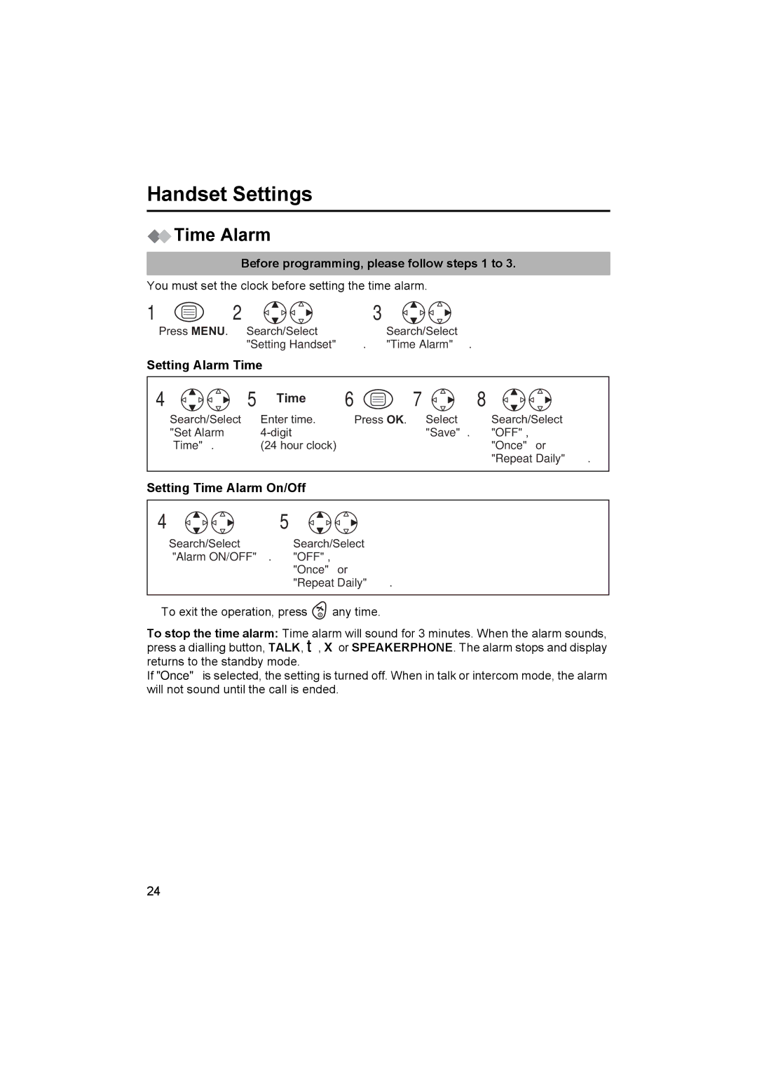 Panasonic KX-TCD450NZ Handset Settings, Time Alarm, Before programming, please follow steps 1 to, Setting Alarm Time 