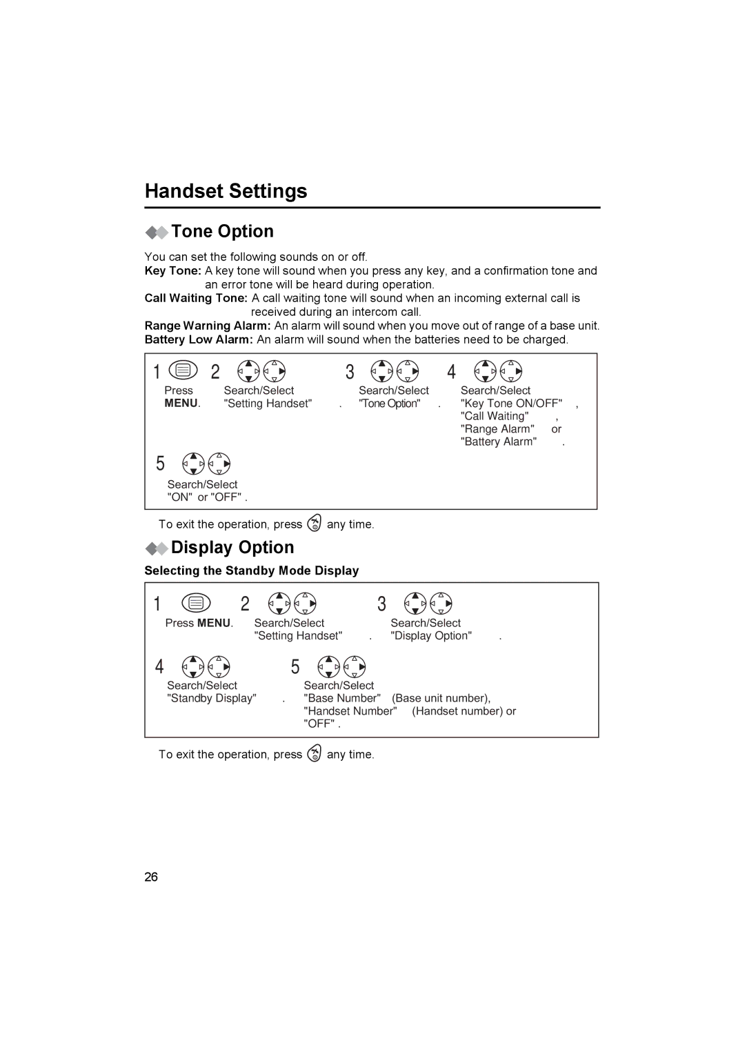 Panasonic KX-TCD450NZ operating instructions Tone Option, Display Option, Selecting the Standby Mode Display 