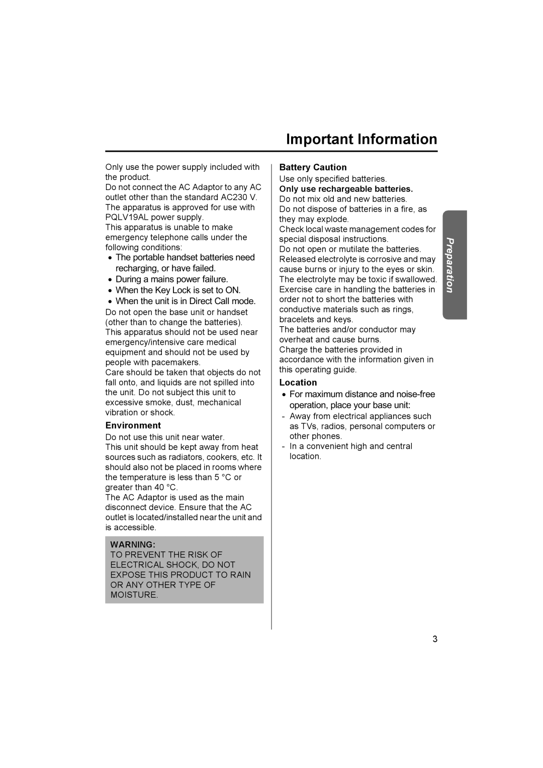 Panasonic KX-TCD450NZ operating instructions Important Information, Environment, Battery Caution, Location 