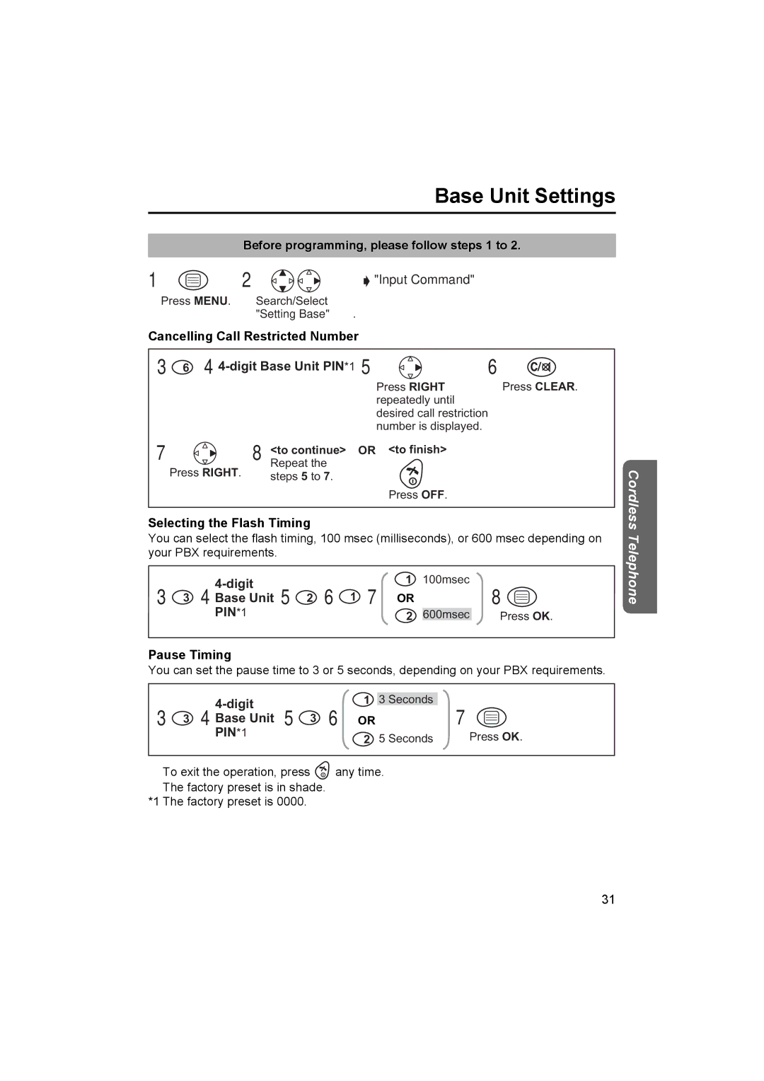 Panasonic KX-TCD450NZ Cancelling Call Restricted Number 4-digit Base Unit PIN*1, Selecting the Flash Timing, Digit 