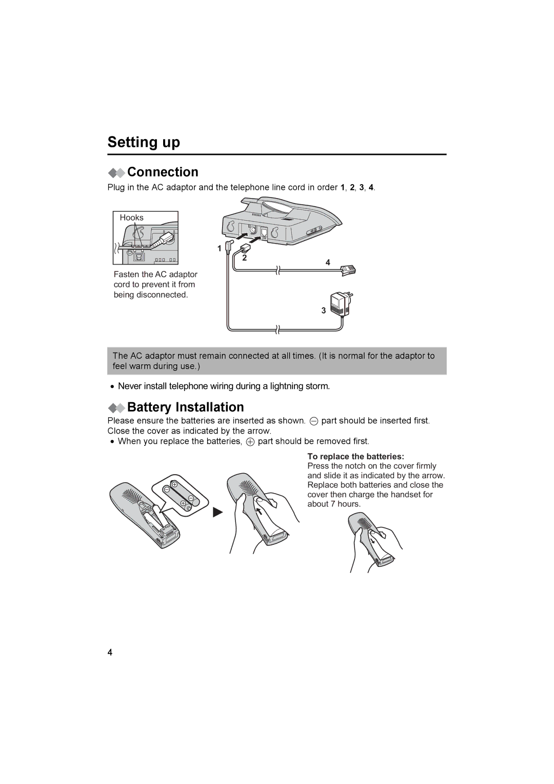 Panasonic KX-TCD450NZ operating instructions Setting up, Connection, Battery Installation 