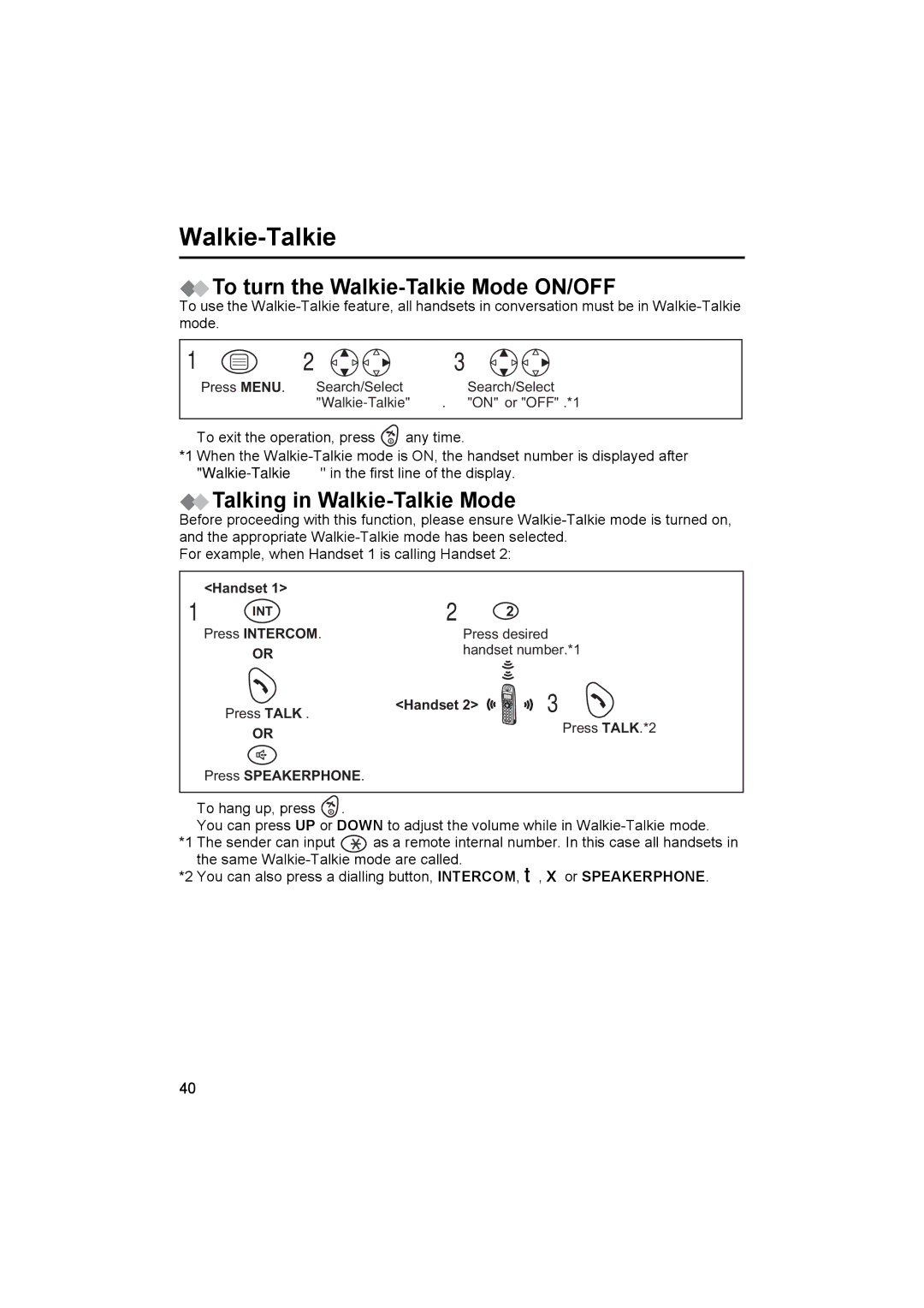 Panasonic KX-TCD450NZ operating instructions To turn the Walkie-Talkie Mode ON/OFF, Talking in Walkie-Talkie Mode 