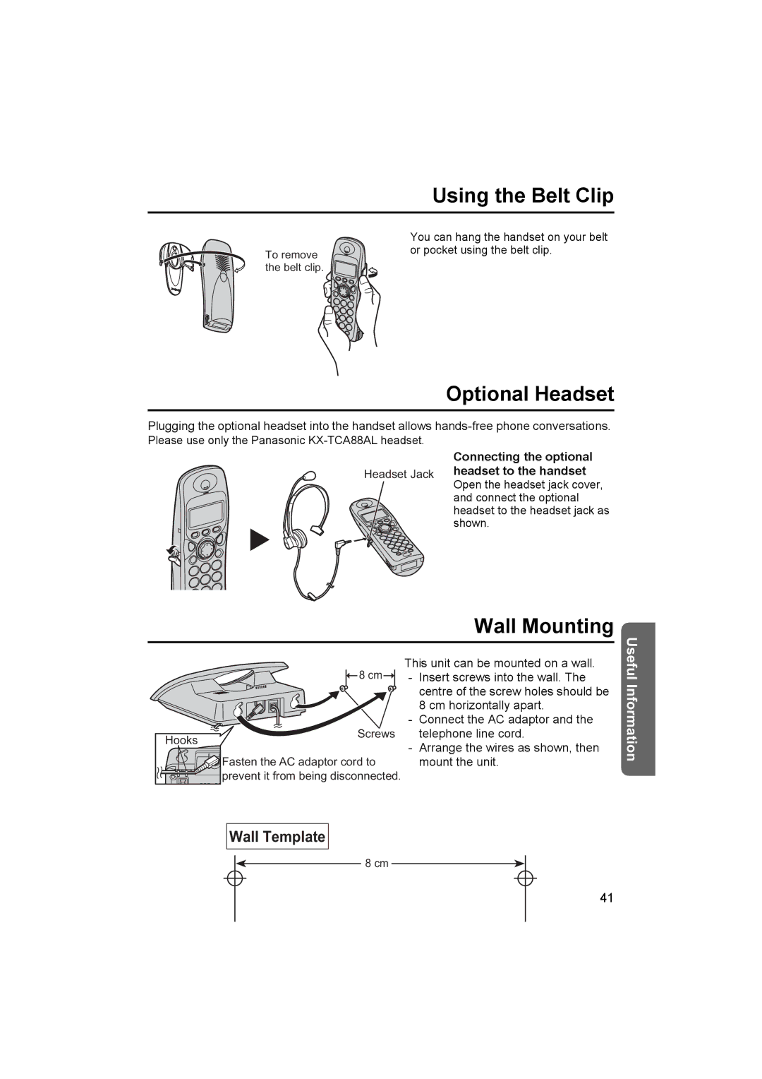 Panasonic KX-TCD450NZ operating instructions Using the Belt Clip, Optional Headset, Wall Mounting 