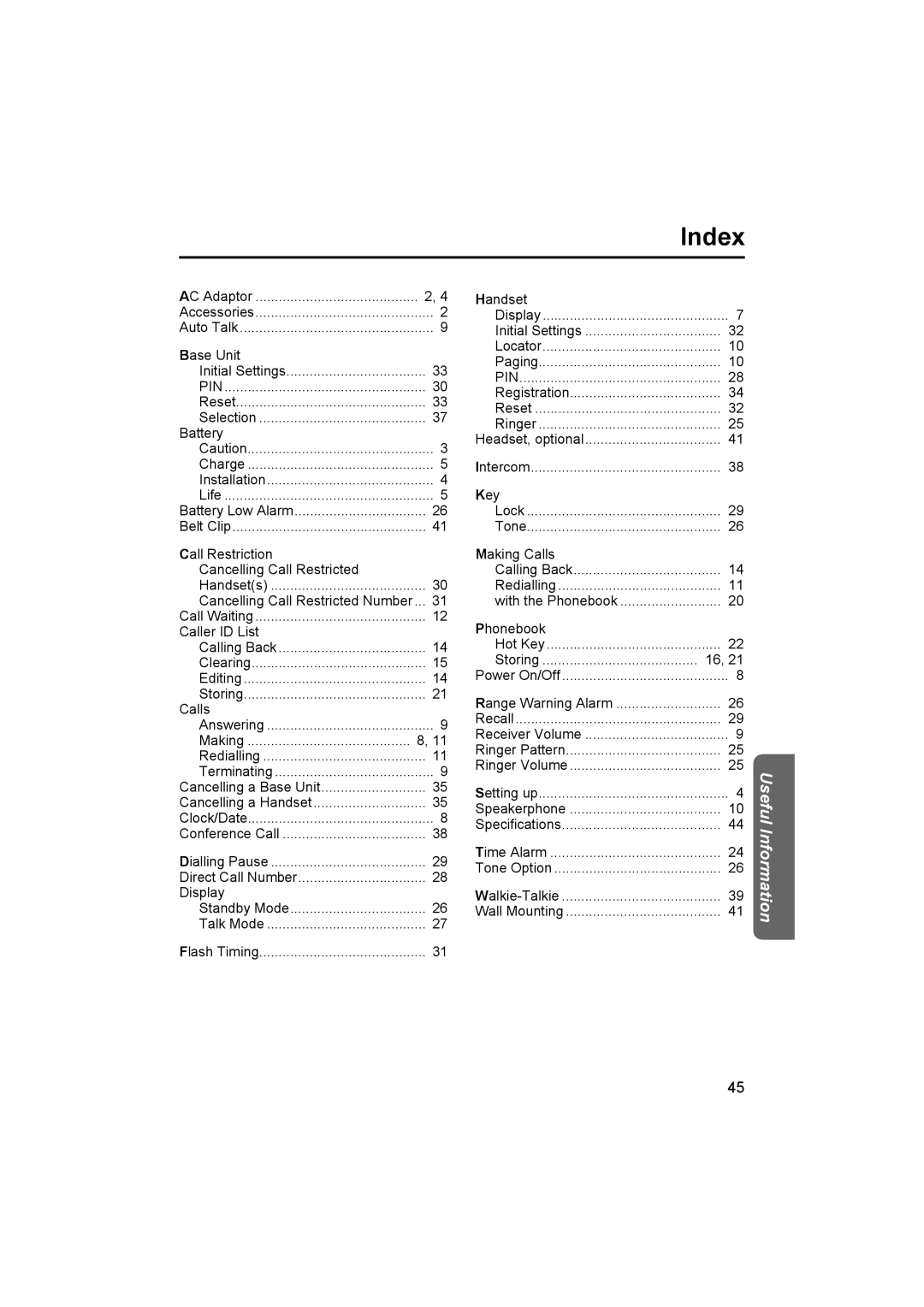 Panasonic KX-TCD450NZ operating instructions Index, Pin 