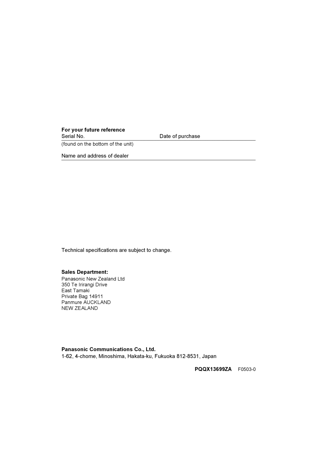 Panasonic KX-TCD450NZ operating instructions For your future reference, Sales Department, PQQX13699ZA F0503-0 