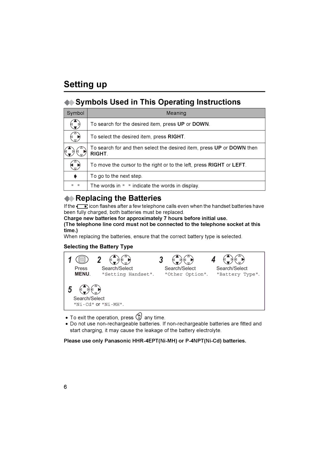 Panasonic KX-TCD450NZ Symbols Used in This Operating Instructions, Replacing the Batteries, Selecting the Battery Type 