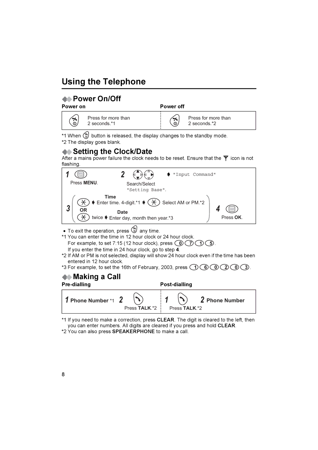 Panasonic KX-TCD450NZ operating instructions Using the Telephone, Power On/Off, Setting the Clock/Date, Making a Call 