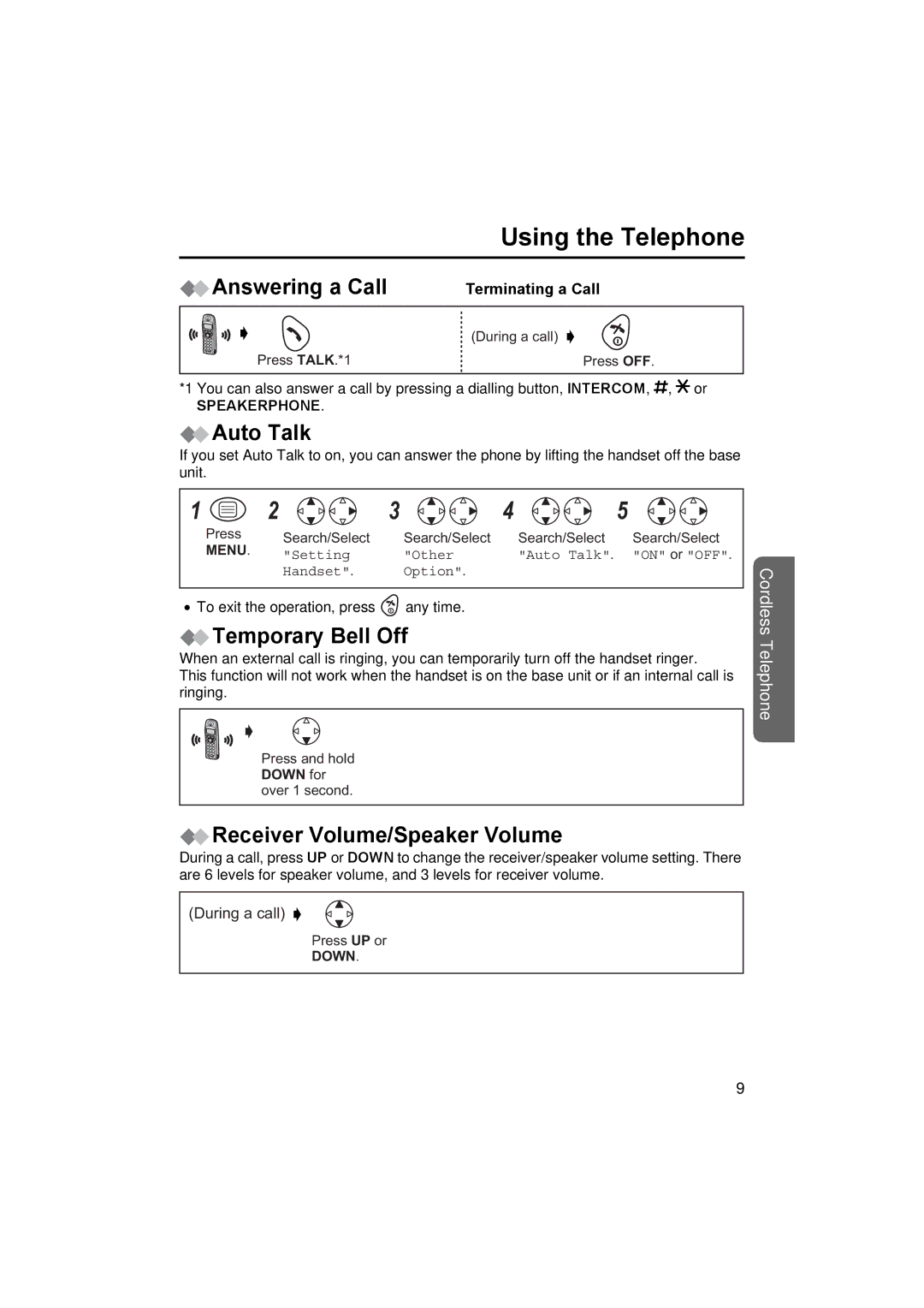 Panasonic KX-TCD450NZ Answering a Call, Auto Talk, Temporary Bell Off, Receiver Volume/Speaker Volume, Terminating a Call 