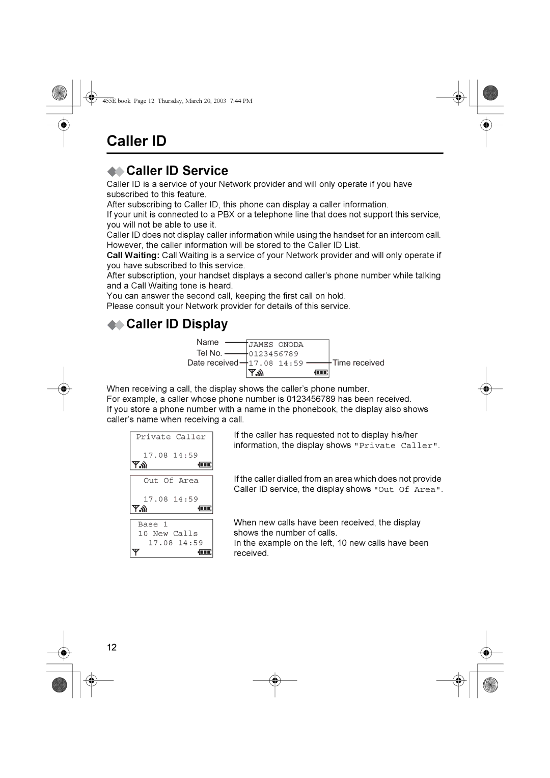 Panasonic KX-TCD455E operating instructions Caller ID Service, Caller ID Display 