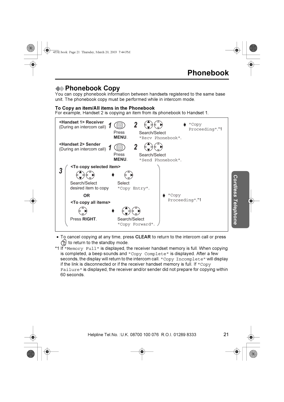 Panasonic KX-TCD455E operating instructions Phonebook Copy, To Copy an item/All items in the Phonebook 