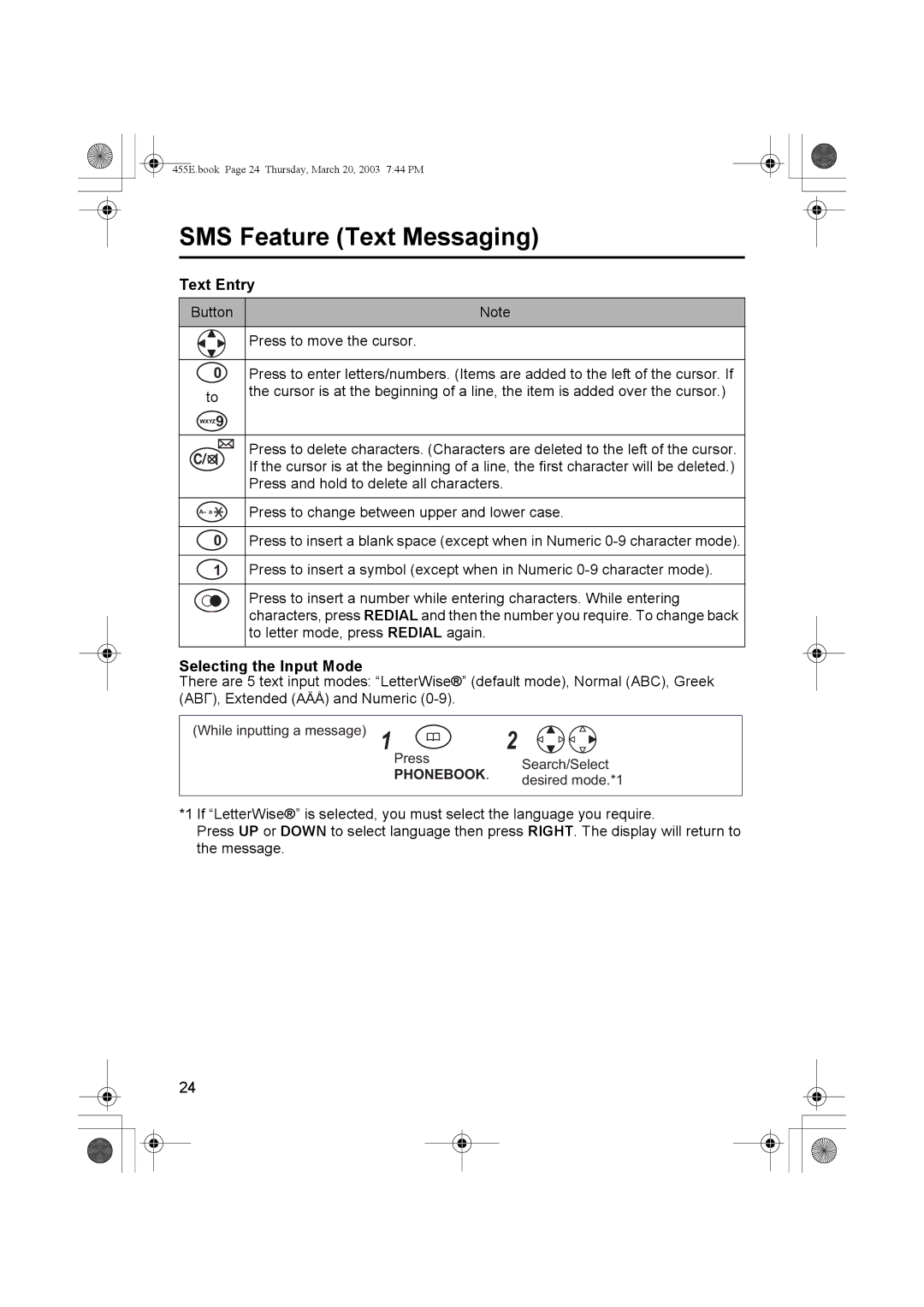 Panasonic KX-TCD455E operating instructions Text Entry, Selecting the Input Mode 